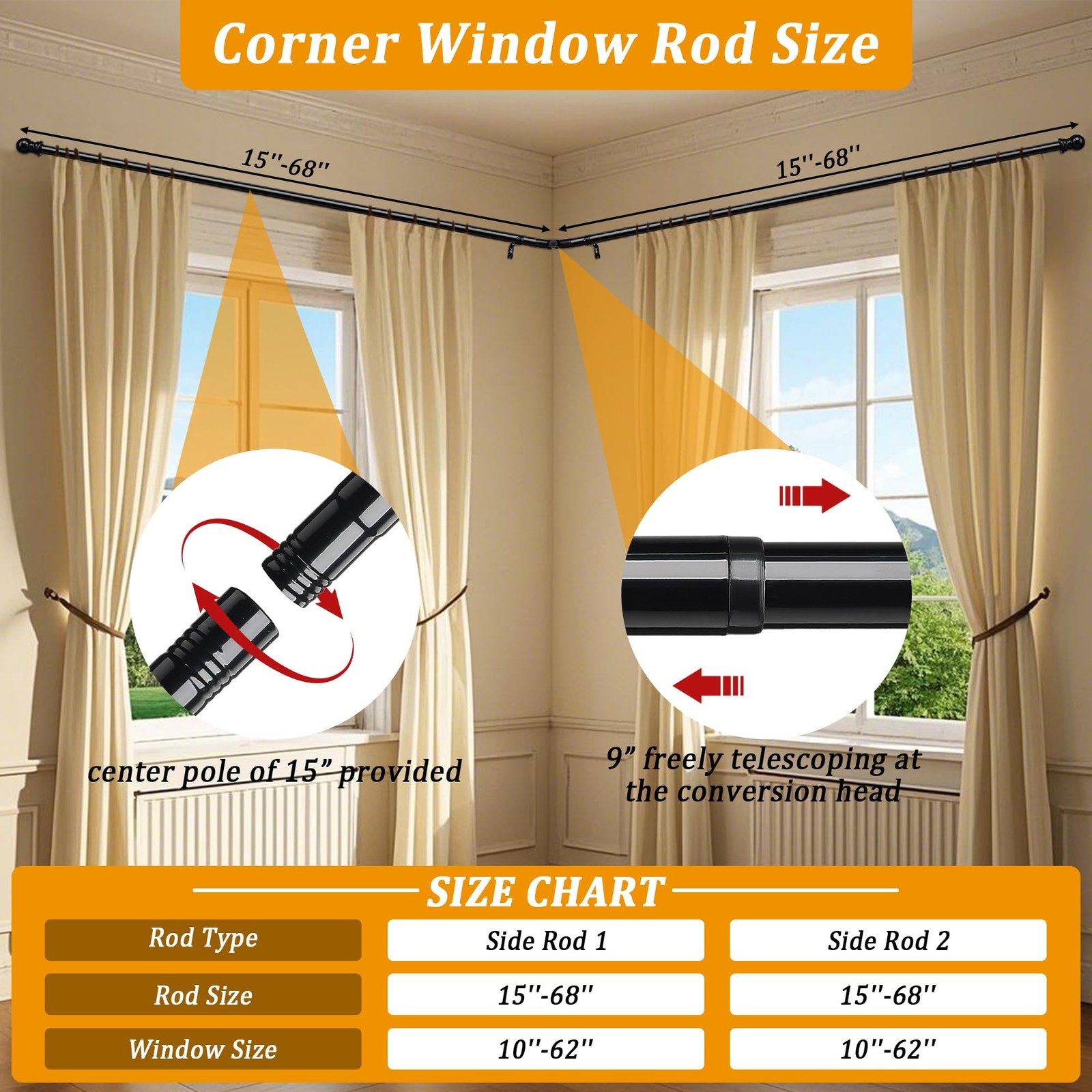 Black Corner Window Curtain Rods L Shape Curved 30 To 136 Inch Adjustable