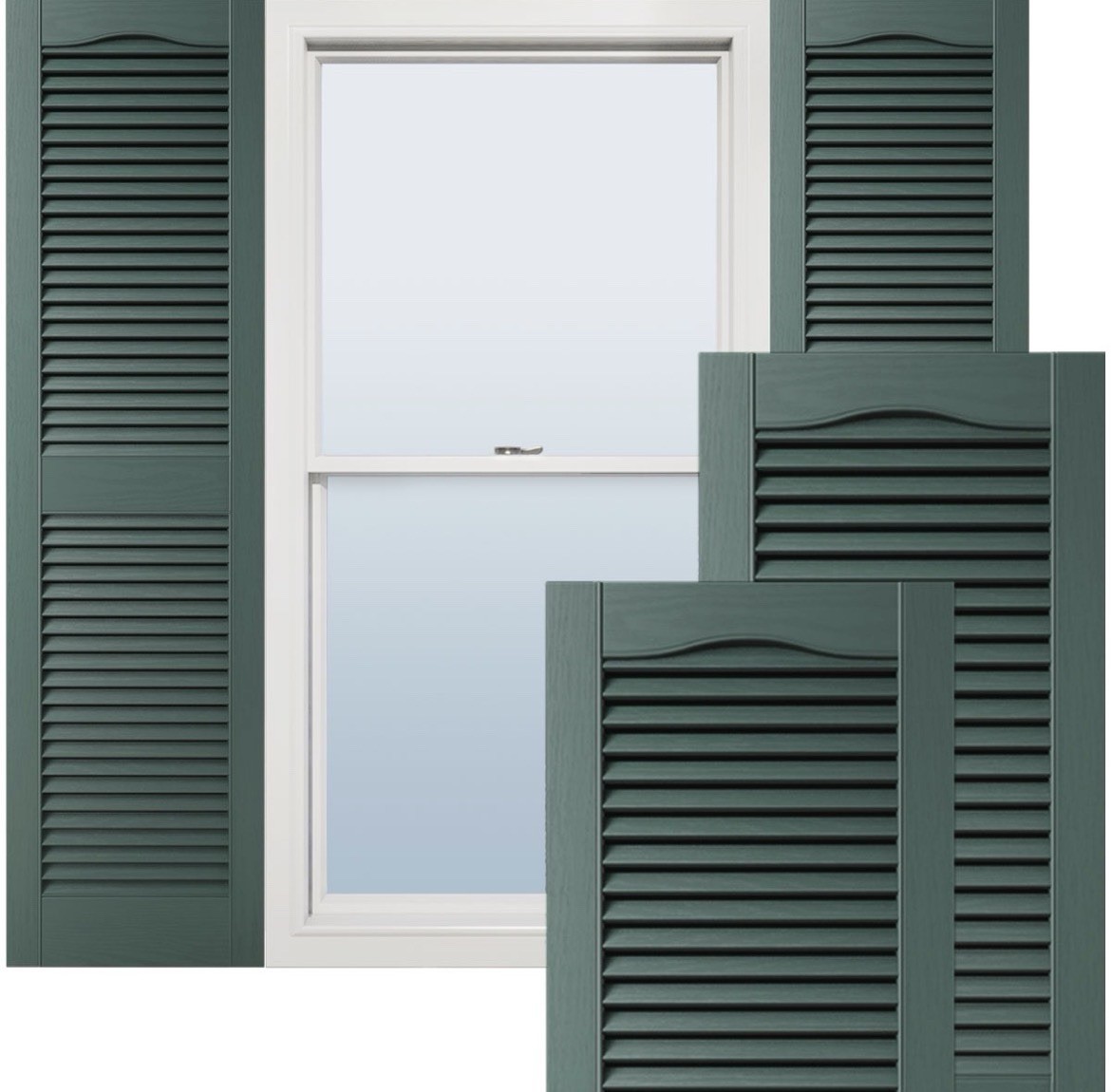 14.5 x 52 in , Standard Cathedral Top Center Mullion, Open Louver Shutters GREEN