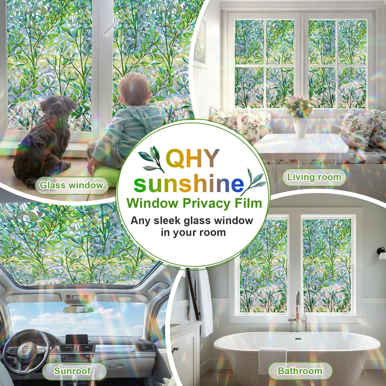 Window Privacy Film Stain Glass 17.5 X 78.7 in, Leaf Rainbow