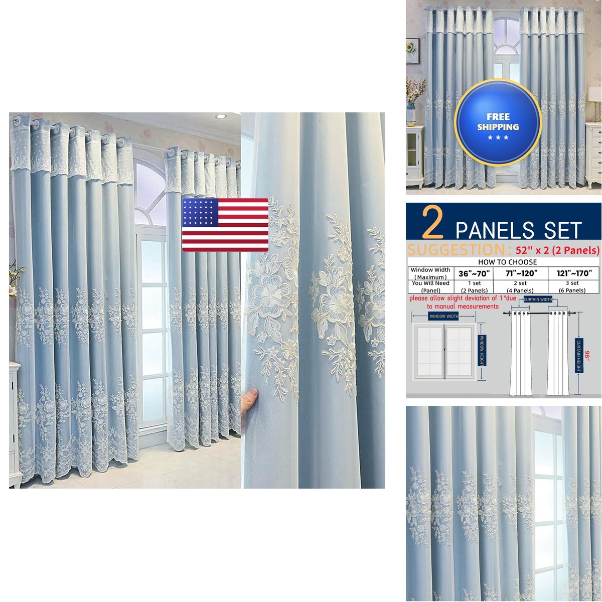 Amidoudou 1 Pair European Double Layer Curtains Luxury Flower Embroidered