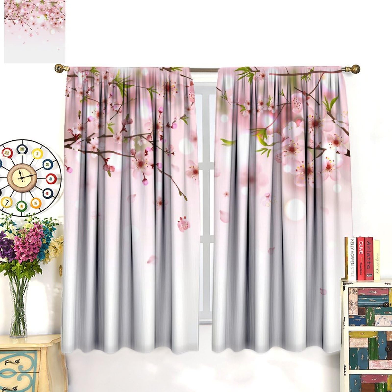 Pink Floral Curtains for Kitchen, Rustic Country Japanese Cherry Blossom Bota…
