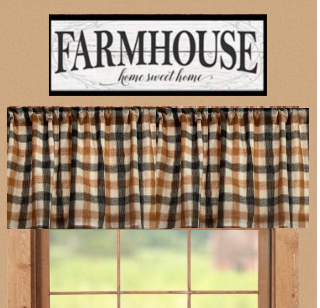 Tobacco Plaid, Curtain Valance 42”W x14”L, Country