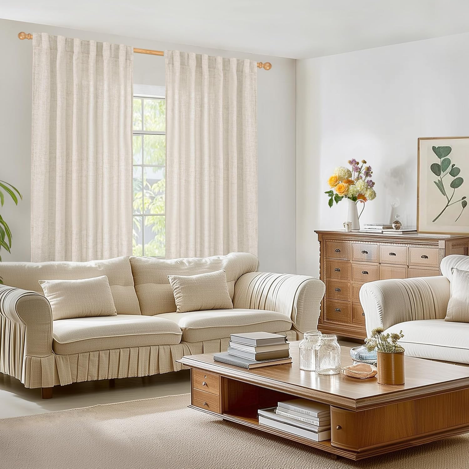 96 Inches Long Linen Semi Sheer Curtains for Living Room 2 Panel Set, Light Filt