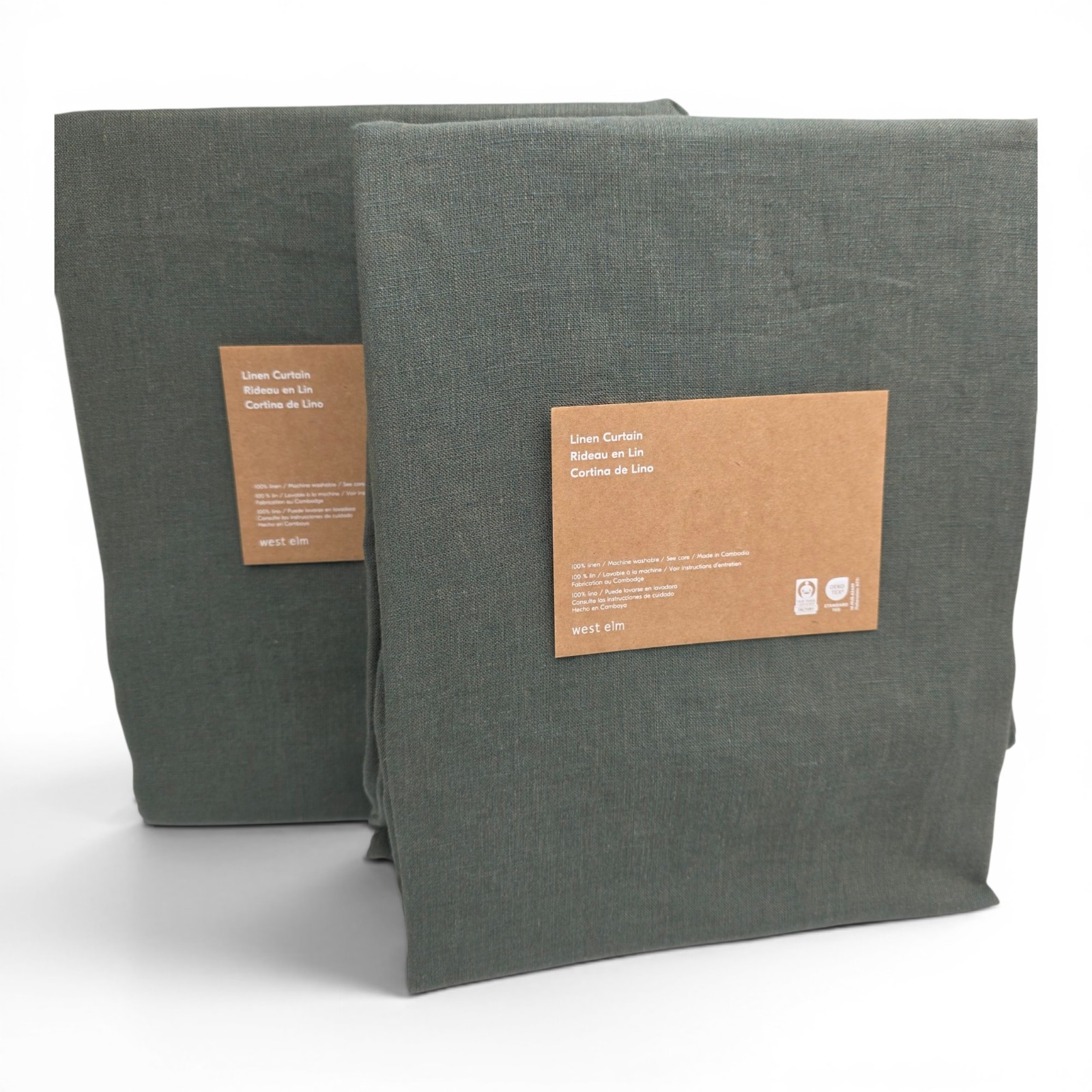 West Elm European Linen Curtain Panels Set of 2 48×108 Olive Melange Cotton Line