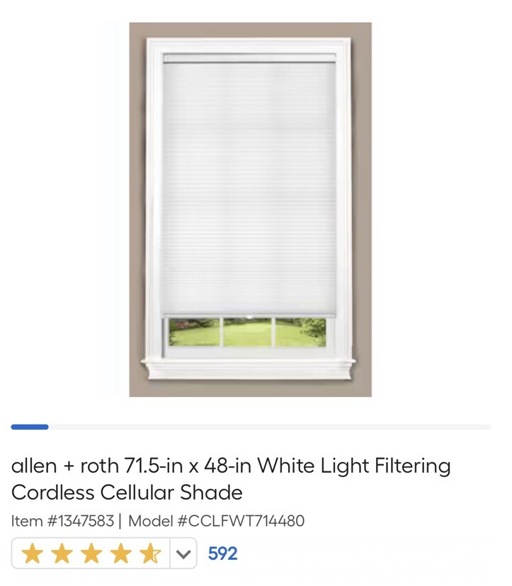 Allen + Roth 71.5 X 48 In White Light Filtering Cordless Cellular Shade.