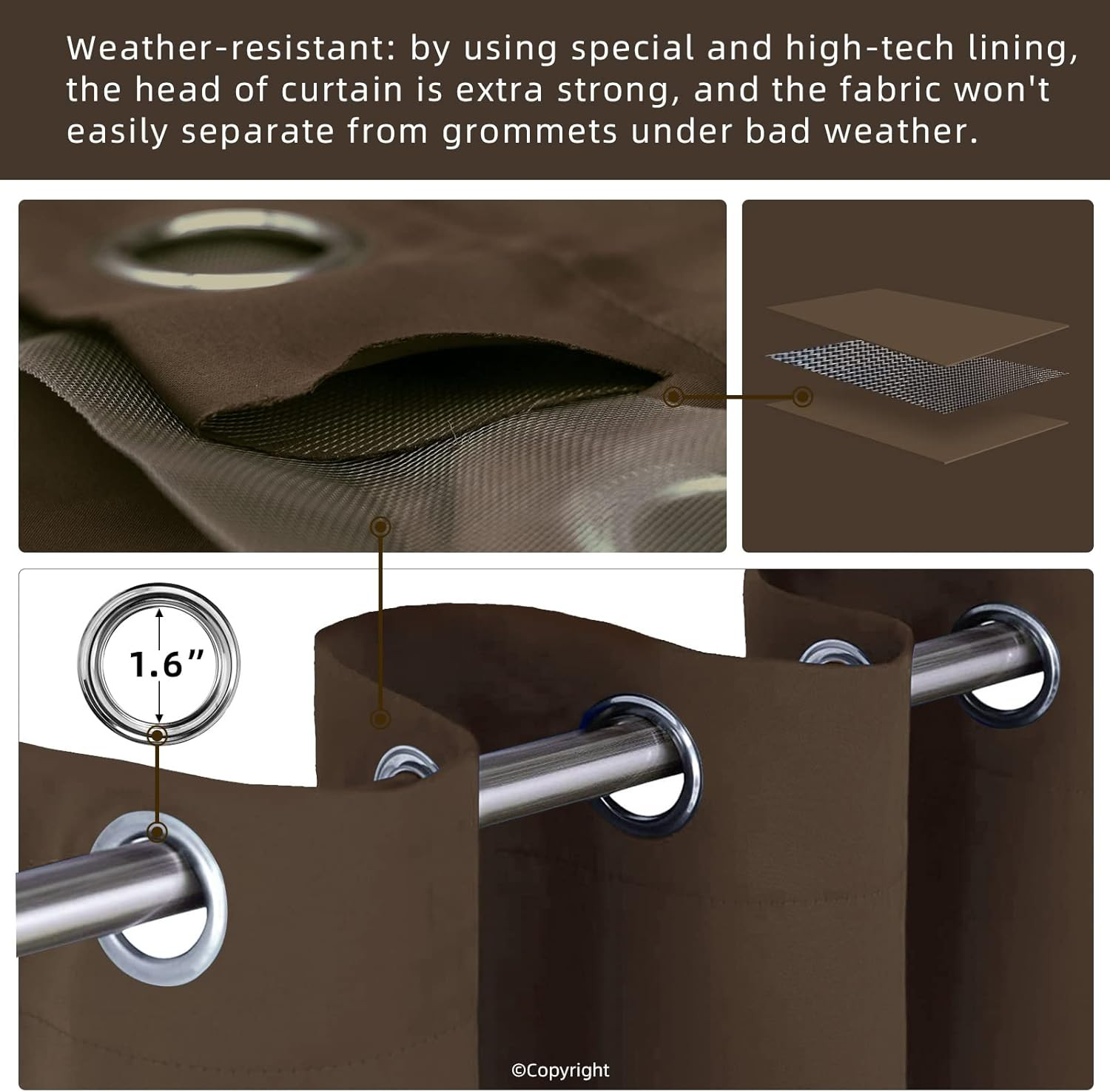 Waterproof Thermal Insulated Outdoor Curtains with Grommets, 2 Panels, Brown