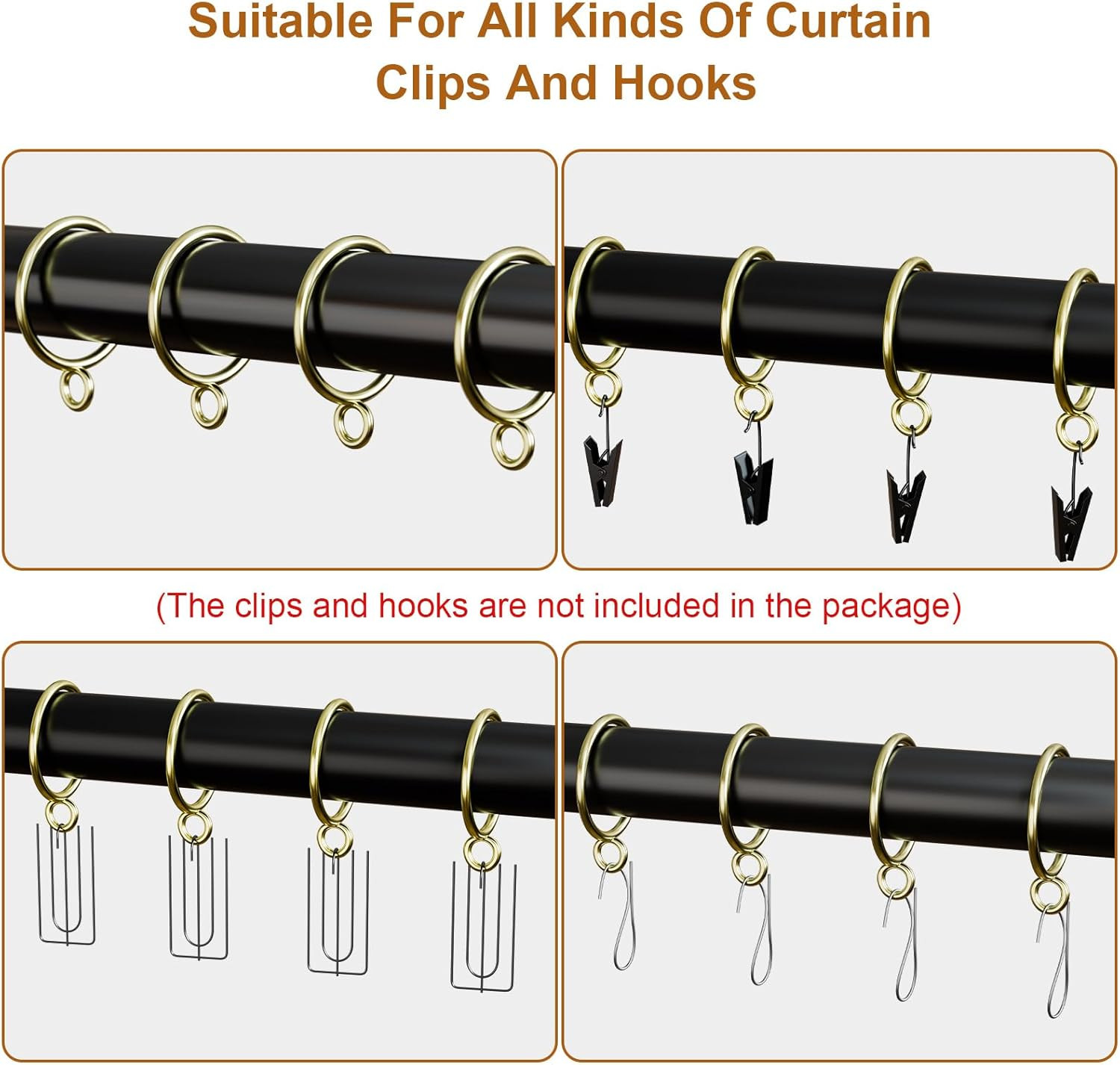 50 Pack Gold Metal Curtain Rings with Eyelets, 1.5 Inch Inner Diameter Drapery R