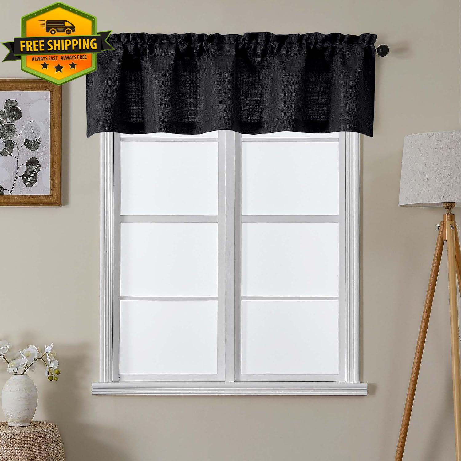 Black Faux Linen Valance 60x14in Kitchen Curtain Small Window Rod Pocket