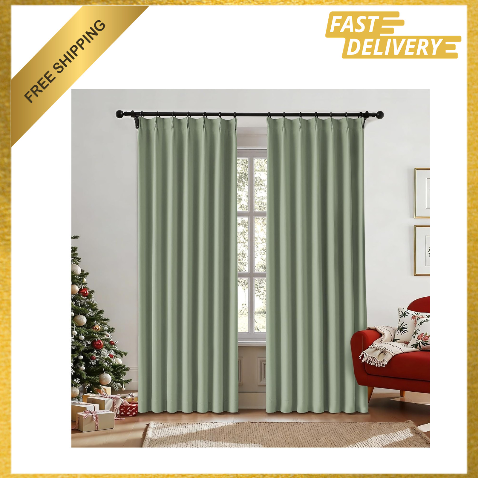 Blackout Curtains, Pinch Pleat, Sage Green Waffle Weave, 40W x 63L, Thermal