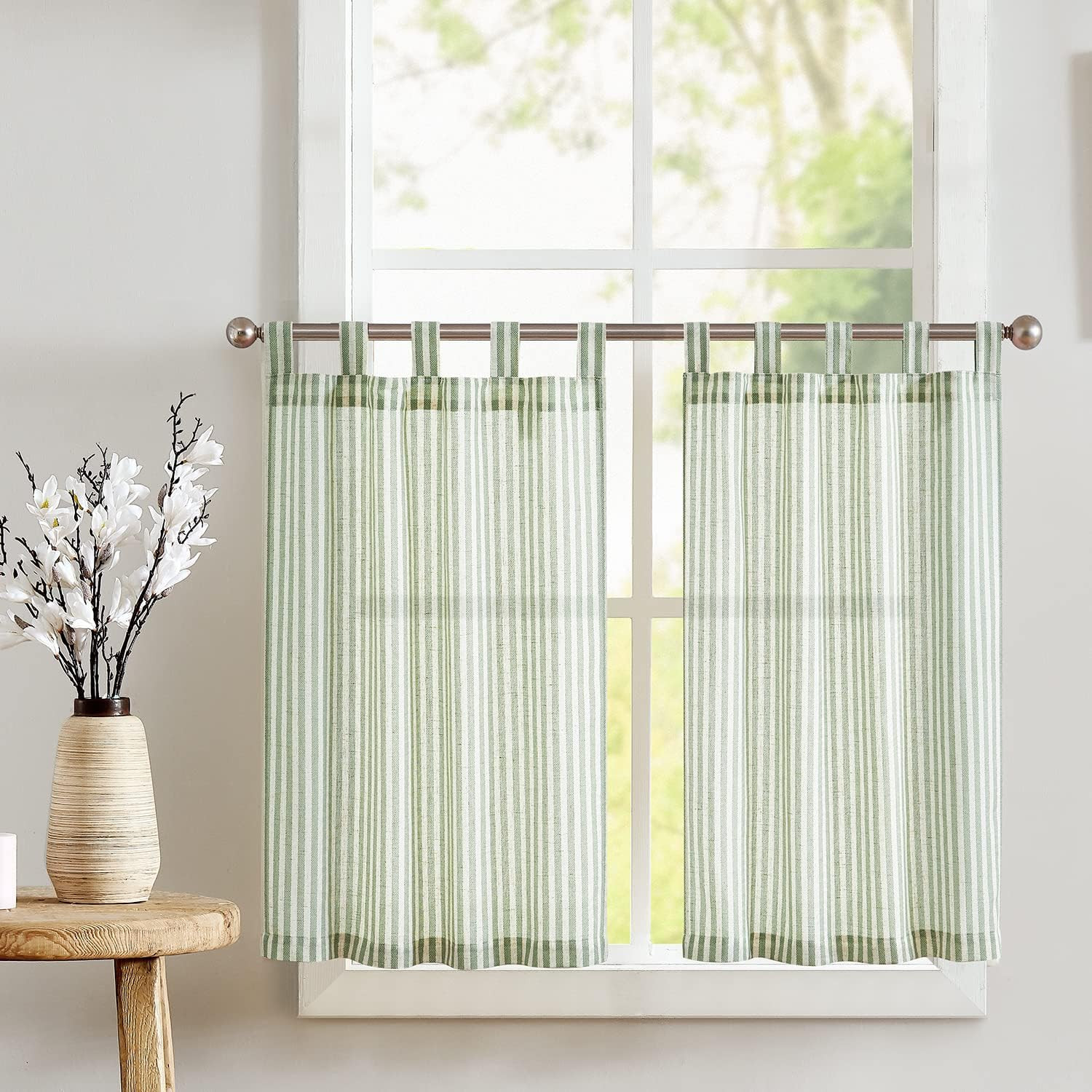 Tab Top Linen Kitchen Curtains 36 Inches Striped Tier Curtains Farmhouse Modern