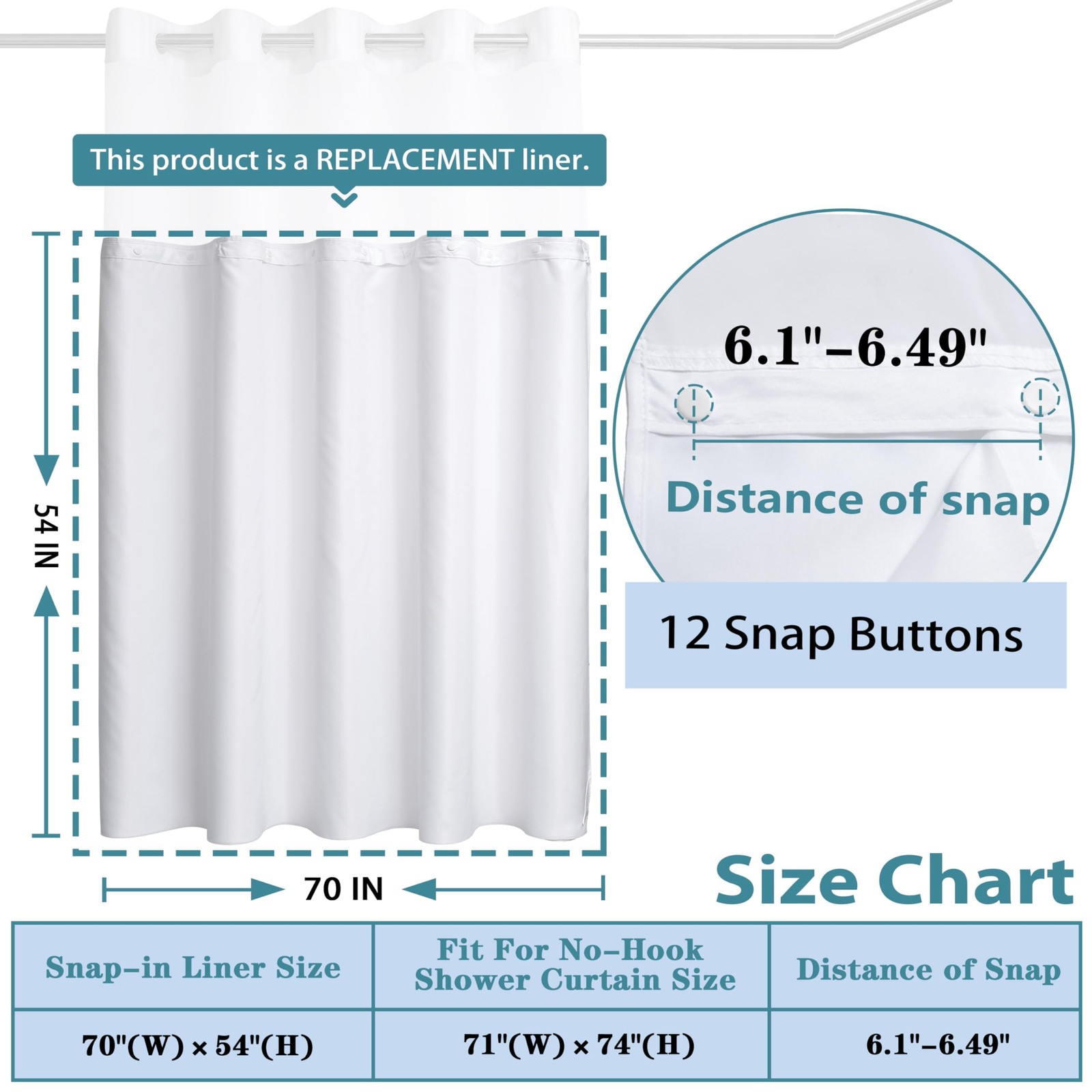 Conbo Mio 2 Pack Hotel Fabric Snap in Shower 70″W x 54″L (Pack of 2), White