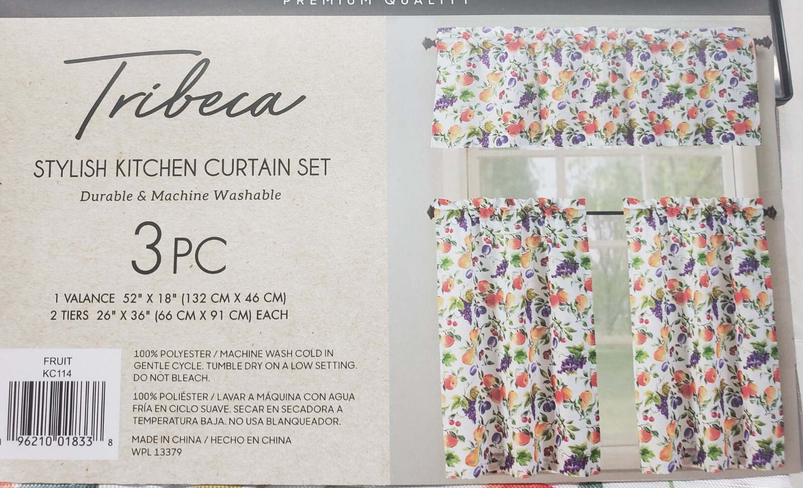 3pc Printed Kitchen Curtains Set:2 Tiers(26″x36″)&Valance(52″x18″)FRUITS,Tribeca