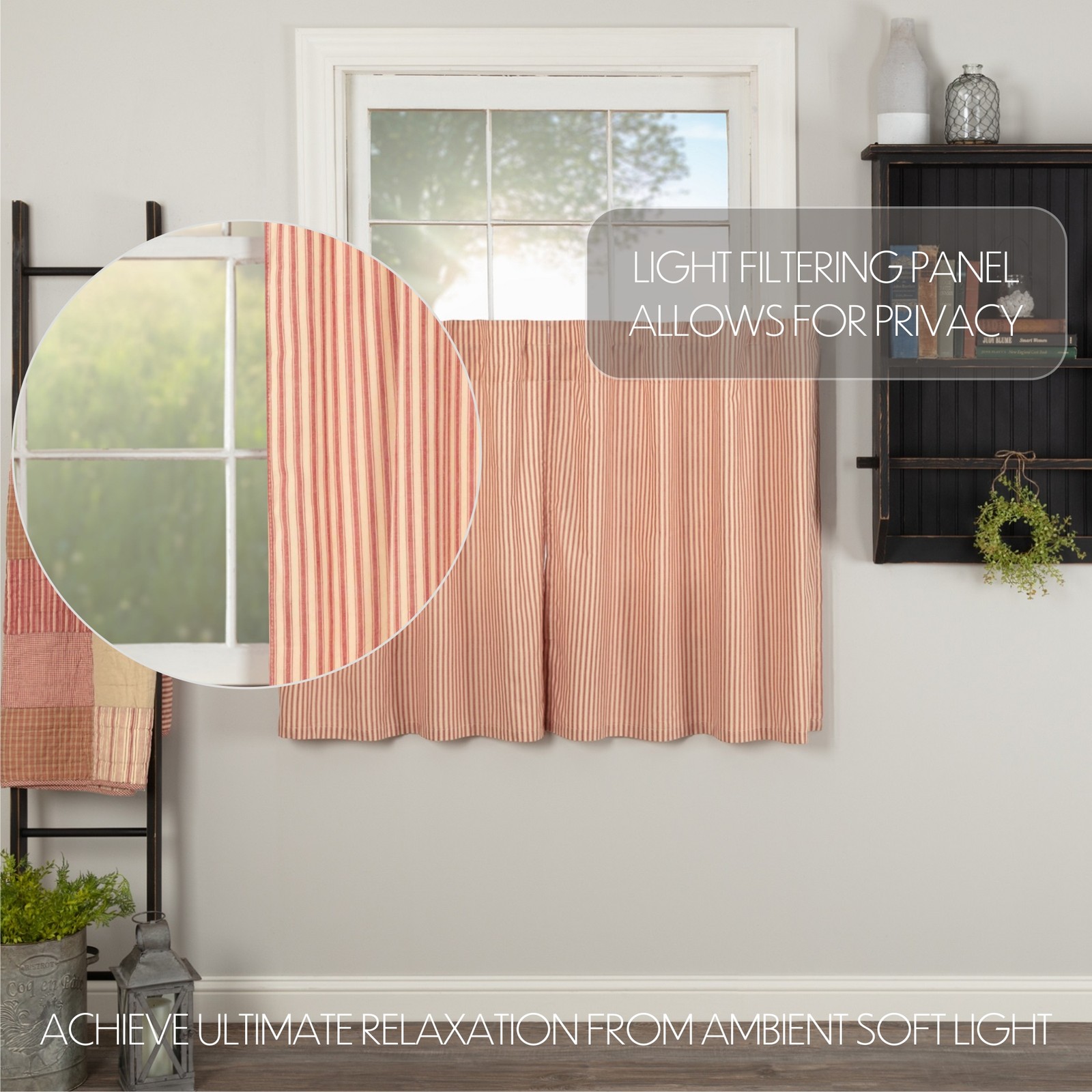 VHC Brands Farmhouse 24″x36″ Ticking Stripe Tier Pair Kitchen Window Curtains