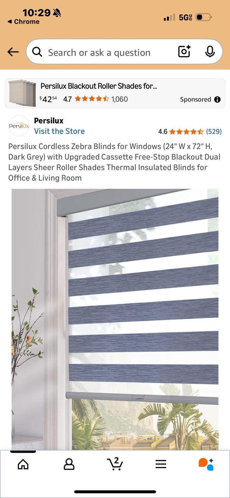 Persilux Cordless Zebra Blinds for Windows (36″ W X 72″ H, Grey) Free-Stop