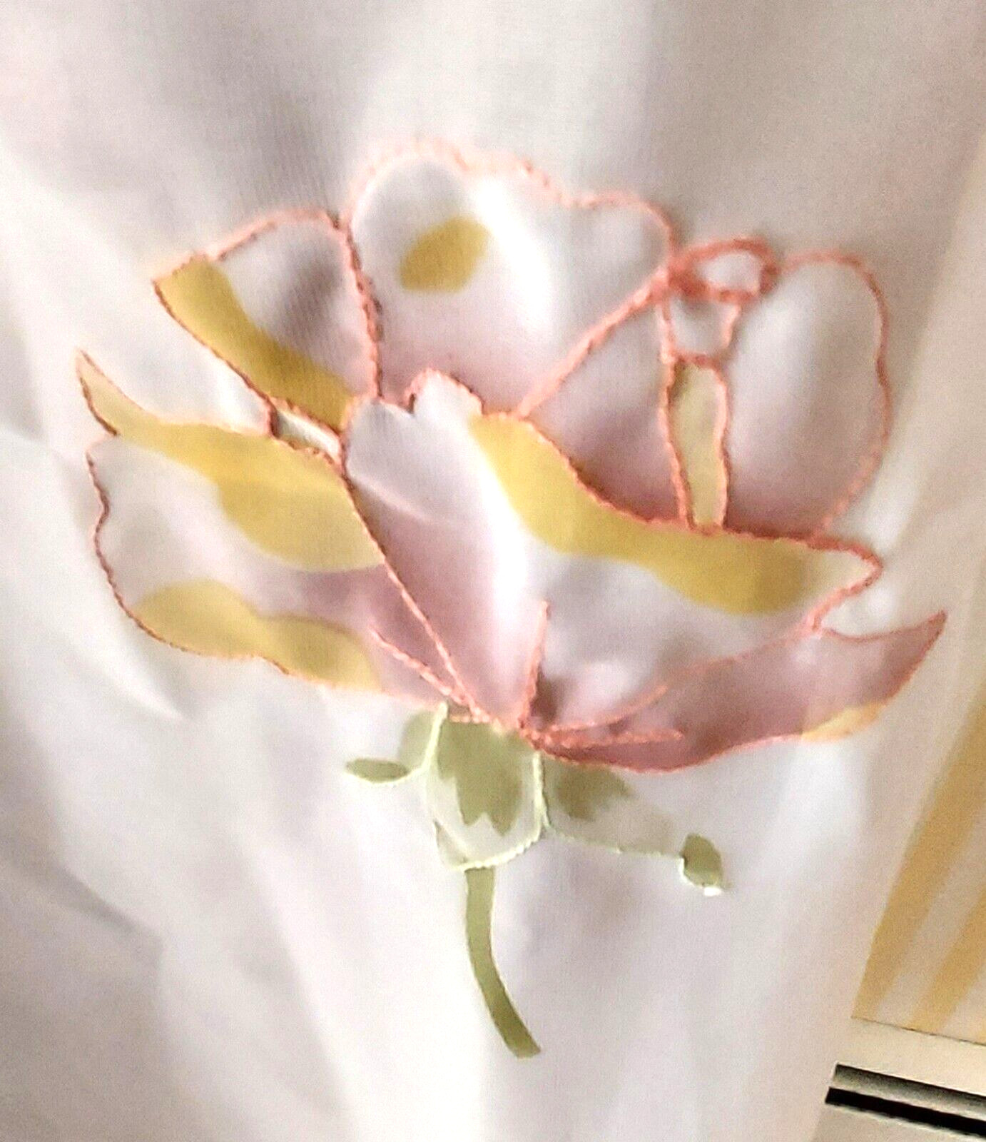 2 Pc Embroidered Sheer Curtain, attached Valance Rod pocket White,Pink flowers