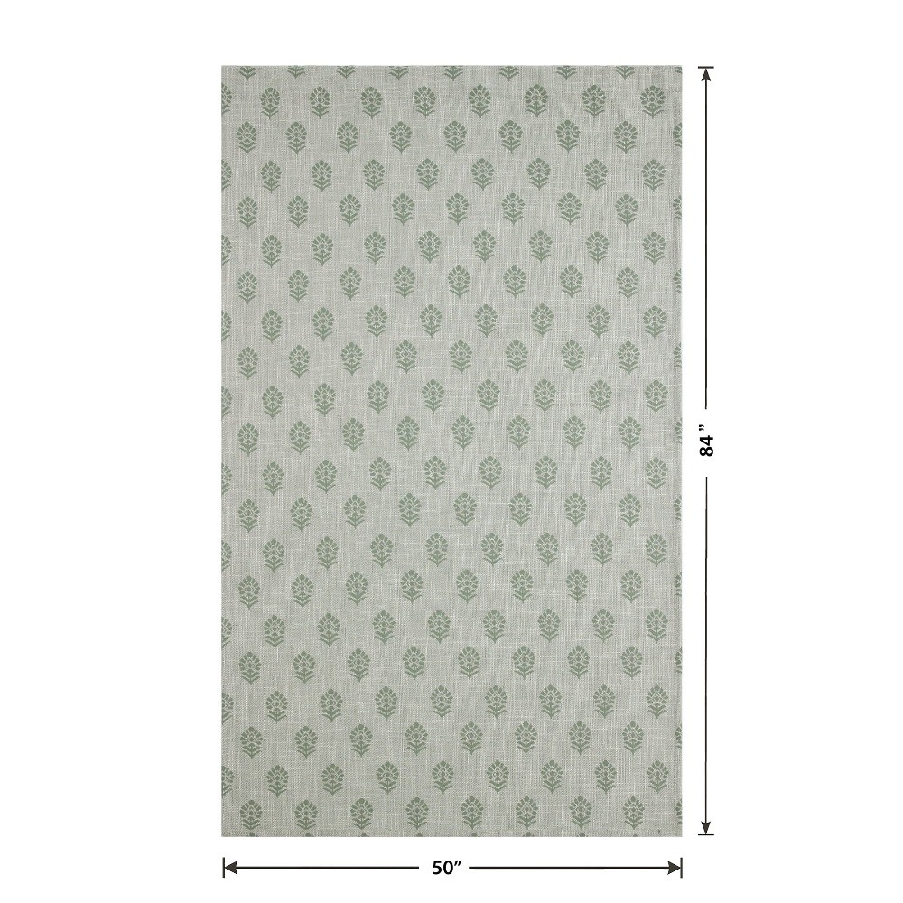 Floral Block Print Light Filtering Single Curtain Panel, Green, 50″W x 84″L
