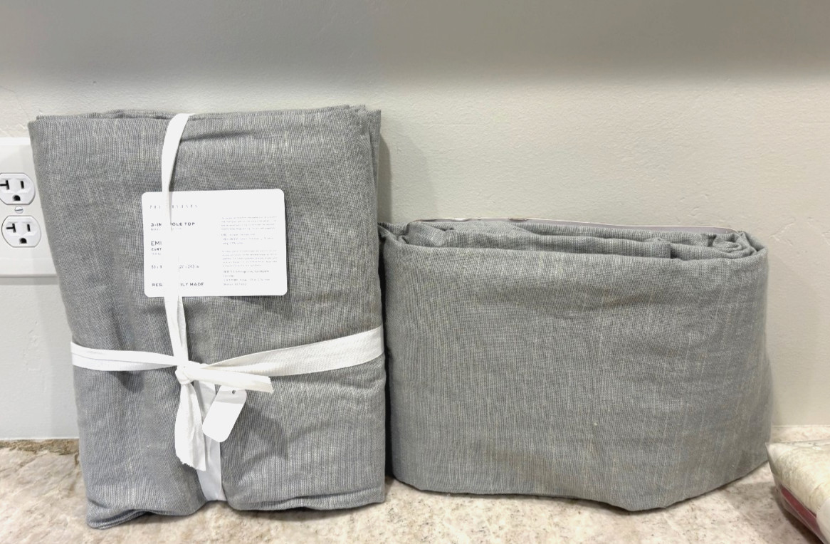 TWO Pottery Barn Emery Linen 50×96 cotton drape panel curtain MINERAL BLUE