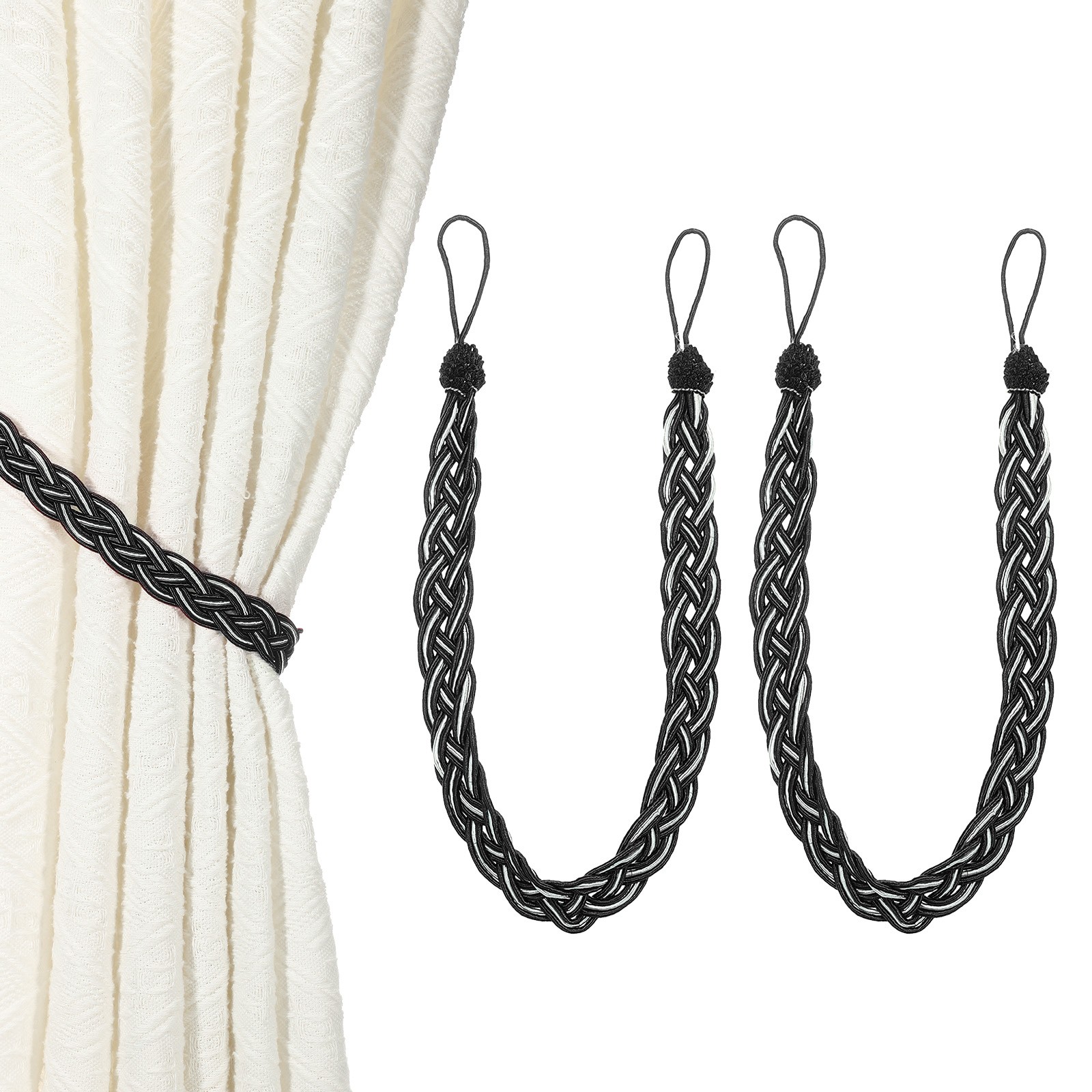 2Pcs Curtain Tiebacks 56cm/22″ Braided Drapery Holdback Black