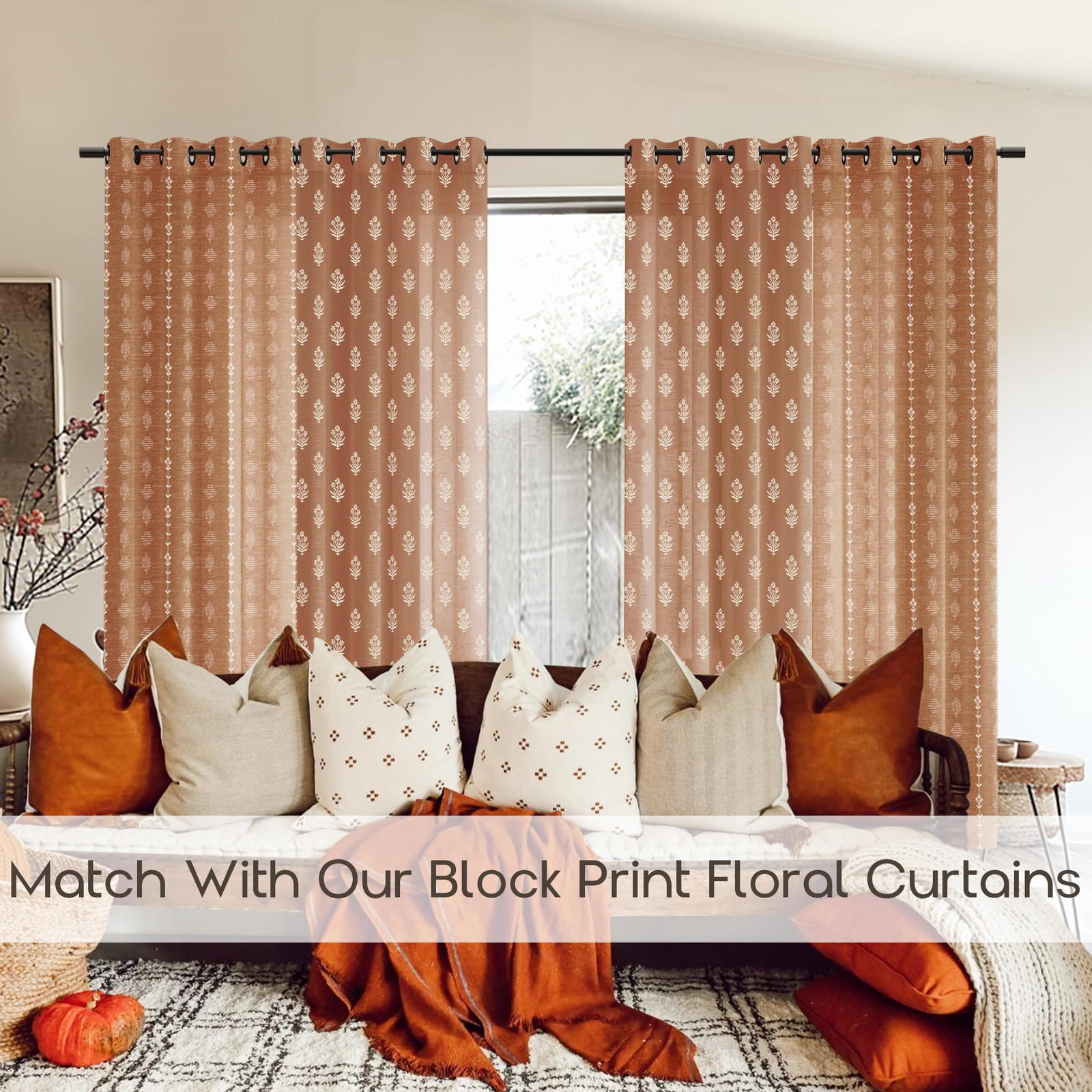 Terracotta Boho Curtains 84 Inch Length 2 Panels Set Vintage Floral Farmhouse…