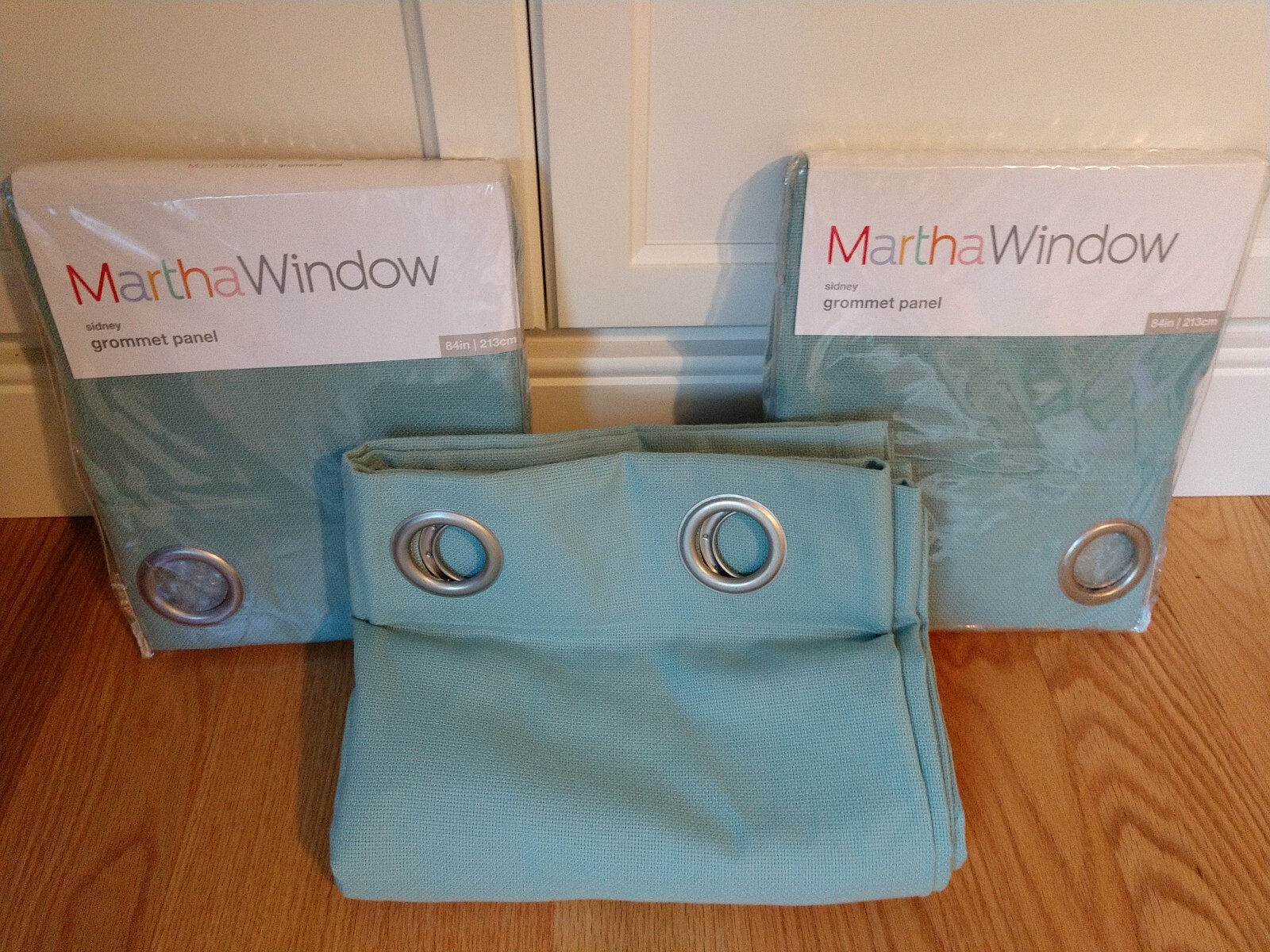 Martha Stewart Window Sidney Grommet Curtain Panels 50 x 84 Aqua Set of 3 New