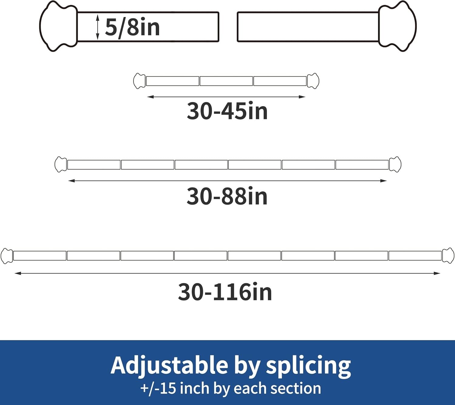 Small End Design Adjustable Curtain Rods 30-116″ – Heavy Duty Black Steel Set