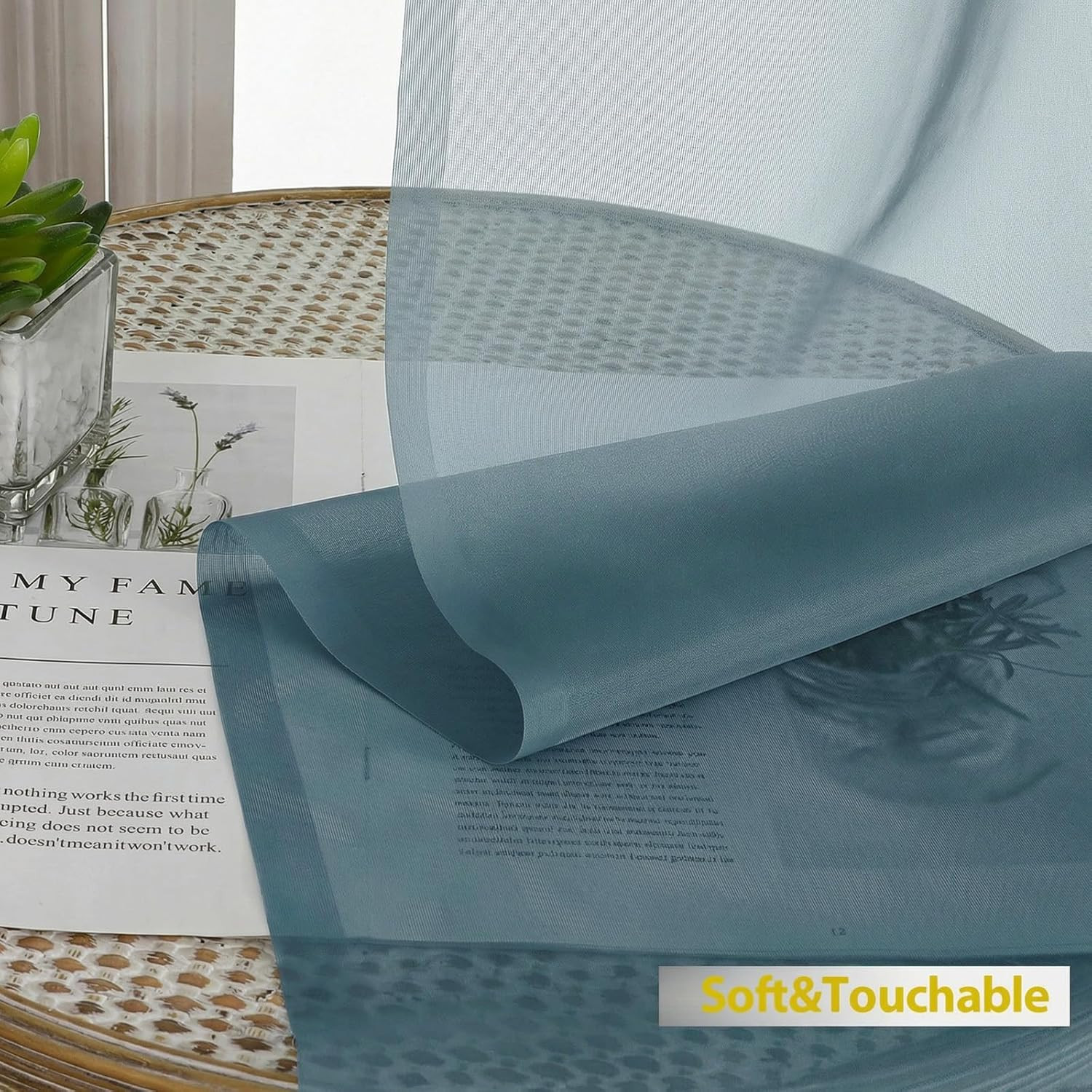 Dusty Blue Sheer Curtains 54 Inch Length for Bedroom – Light Filtering Short Cur