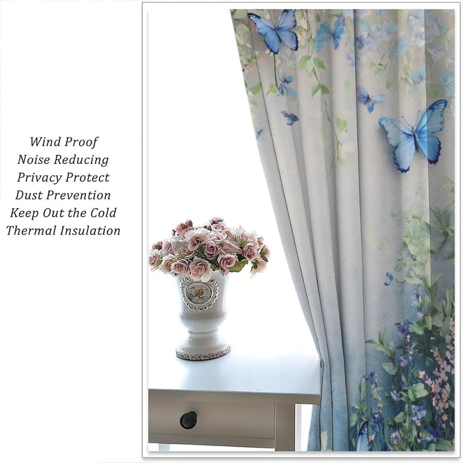 Blue Butterfly Flower Blackout Curtains for Bedroom/Living Room, Beautiful Vine