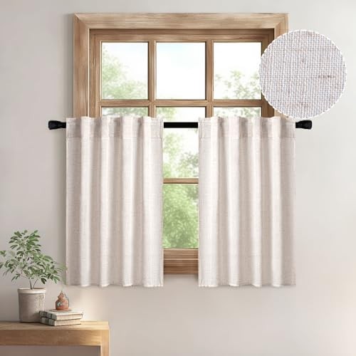 Farmhouse Kitchen Curtains 30 Inch 26″W x 30″L (Pack of 2) Natural Linen White