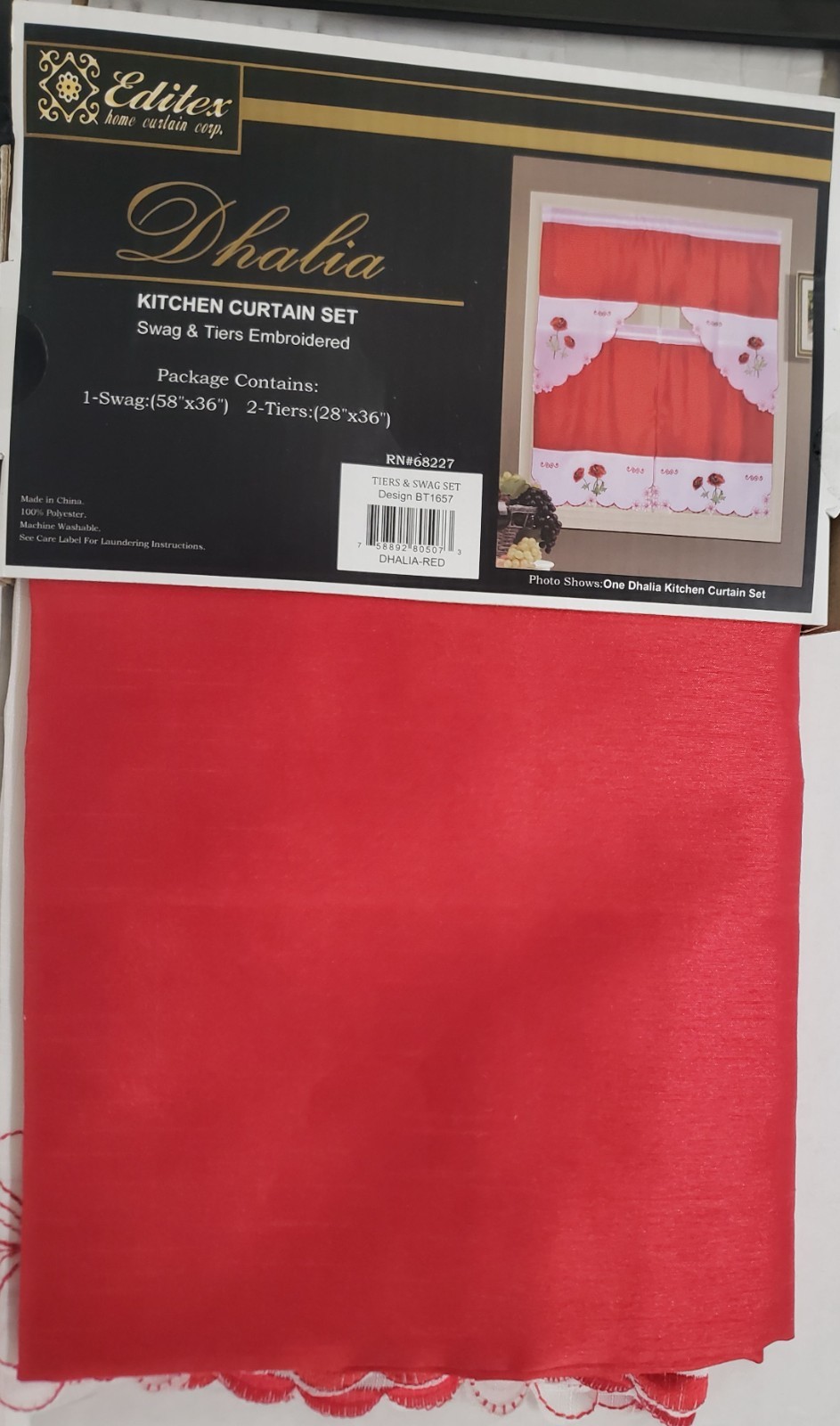 3pc. Embroidery Curtains Set: 2 Tiers & Swag(58″x36″) RED FLOWERS,DHALIA, Editex