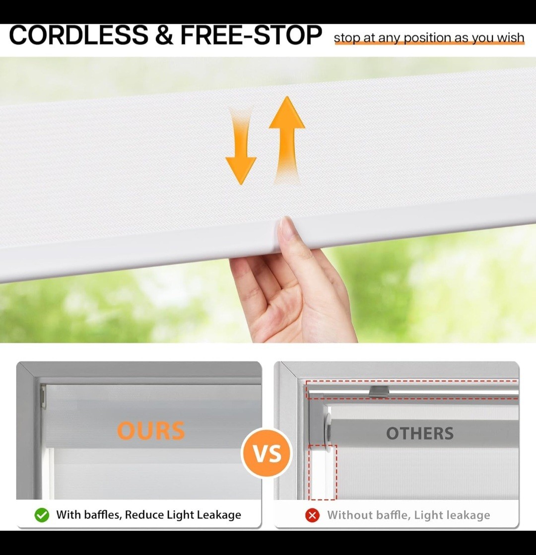 LazBlinds No-Drill Cordless Zebra Blinds Dual Layer Light Filter, 33″ W x 72″ H,