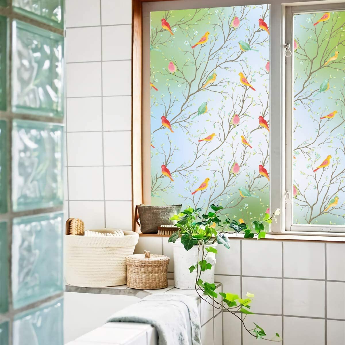 Bird&Tree No Glue Static Decorative Privacy Window Films for Glass 17.7″x78.7″
