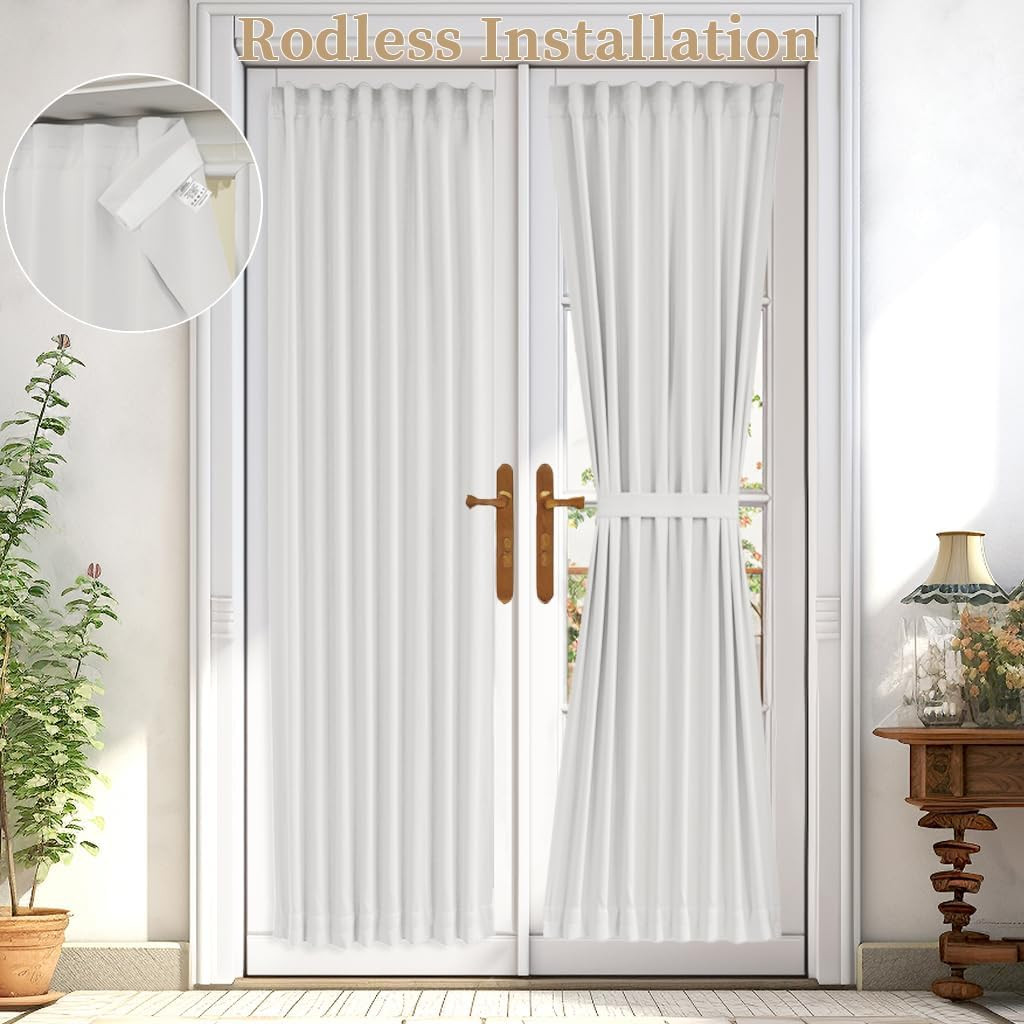 Rodless Self-Adhesive French Door Curtain, Light Filtering, 25×72, Greyish White