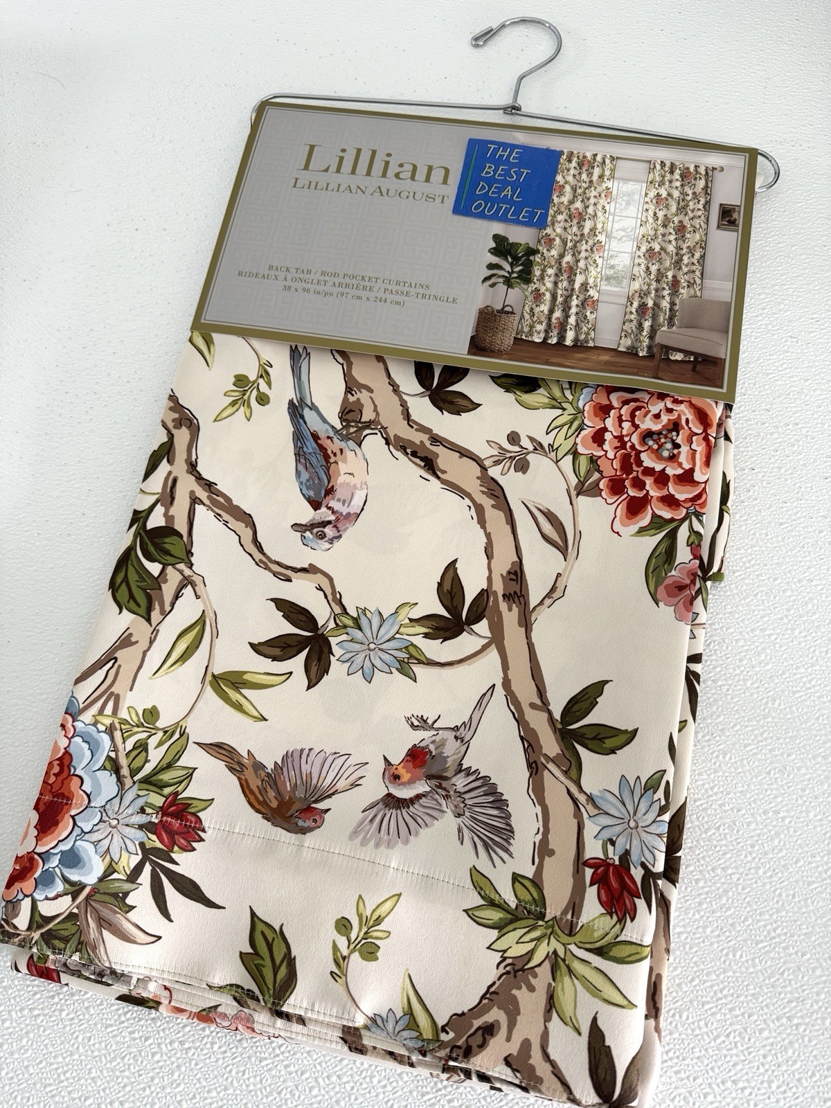 Lillian August Window Curtains 2 Panels 38 x 96″ Cream Birds Drapers Back Tab