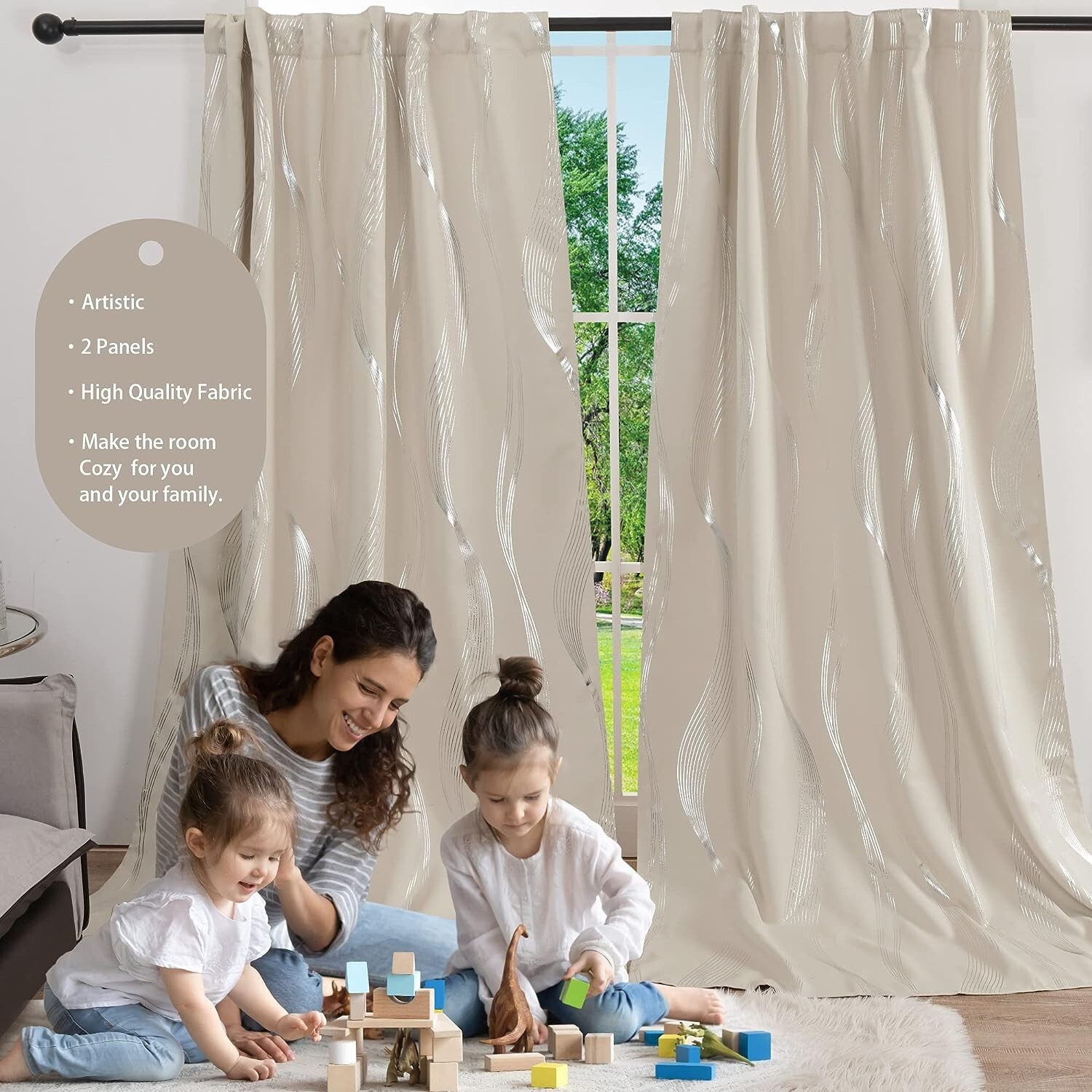 Deconovo Total Blackout Curtains 52″L x 45″W 2 Panels (Light Beige/Silver) Drape