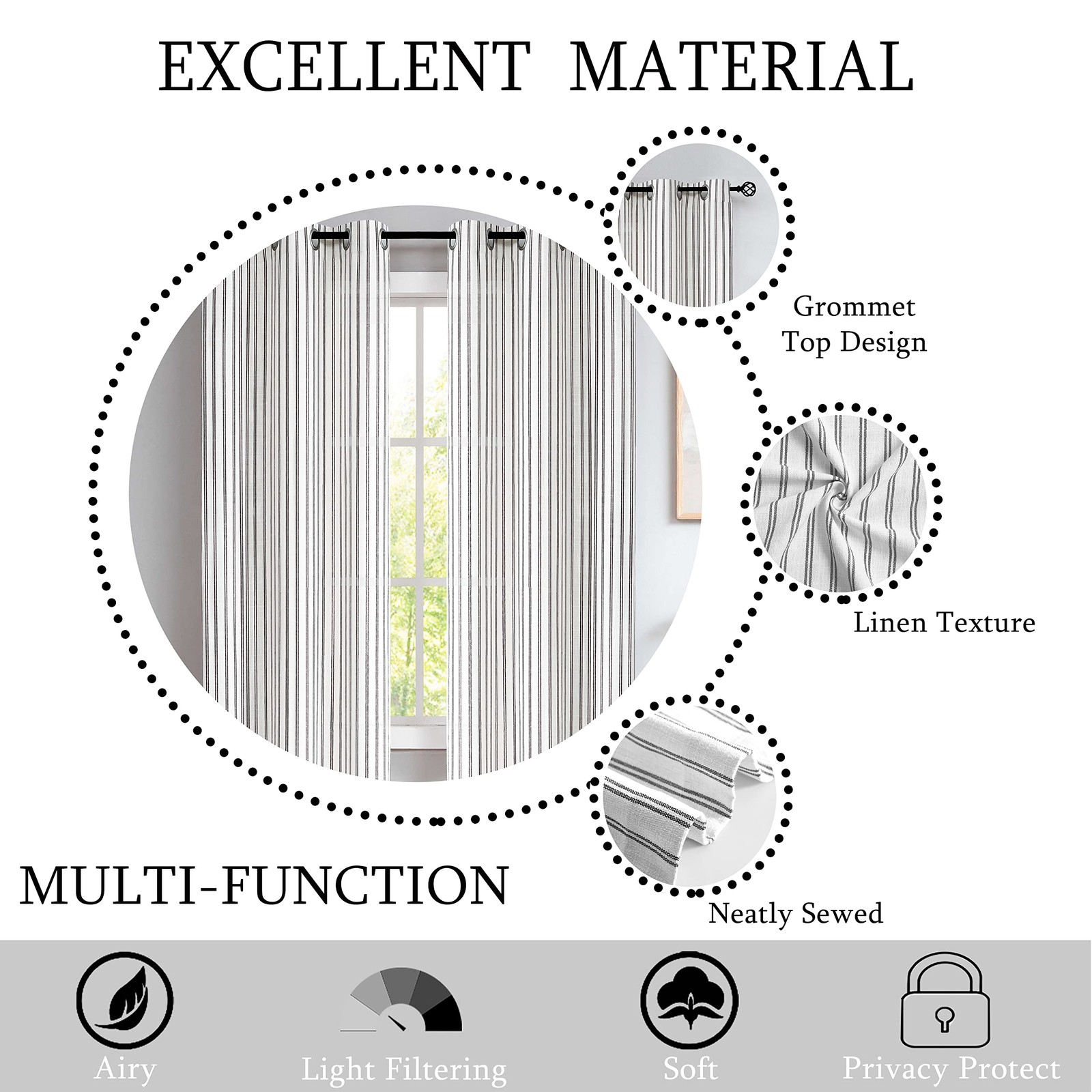 Linen Blend Yarn Dyed Striped Curtain for Living Room,Panels,90″