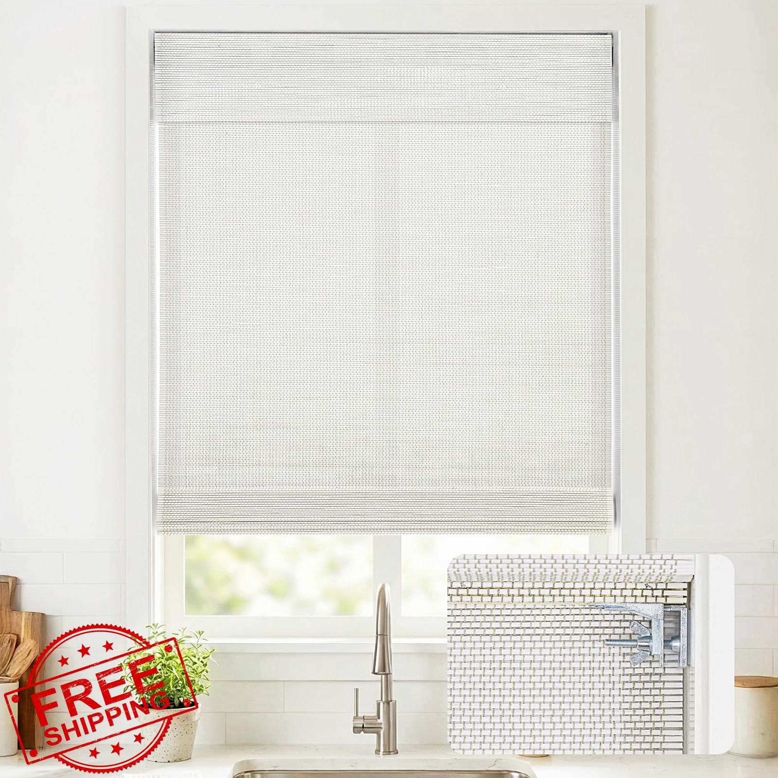 UNISHADES Cordless Bamboo Roman Shades Off White, Light Filtering 39″W x 64″H