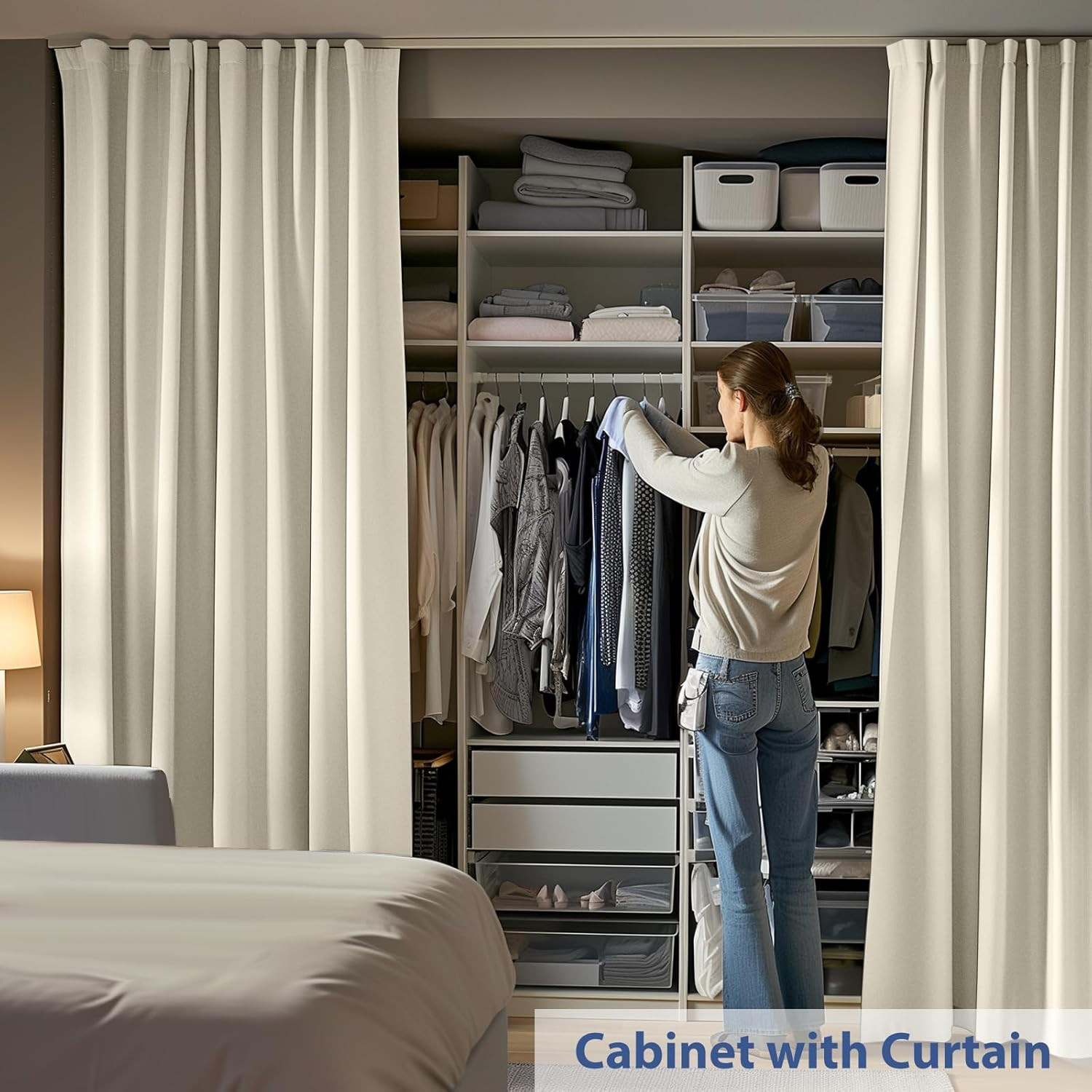 Ceiling-Mounted Room Divider Track Set with Beige Curtain, 8.3ft x 7ft
