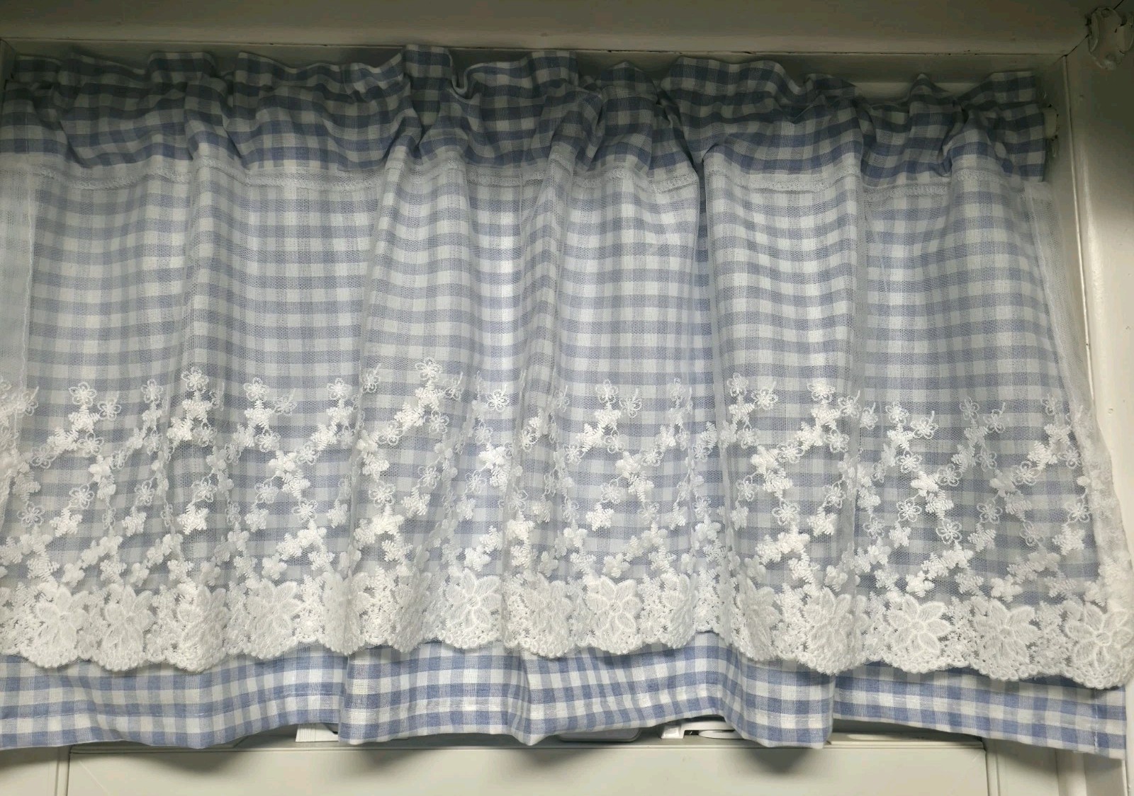 Blue White Gingham Check Cafe Curtain Floral Lace Farmhouse Kitchen Tier 42 X 17