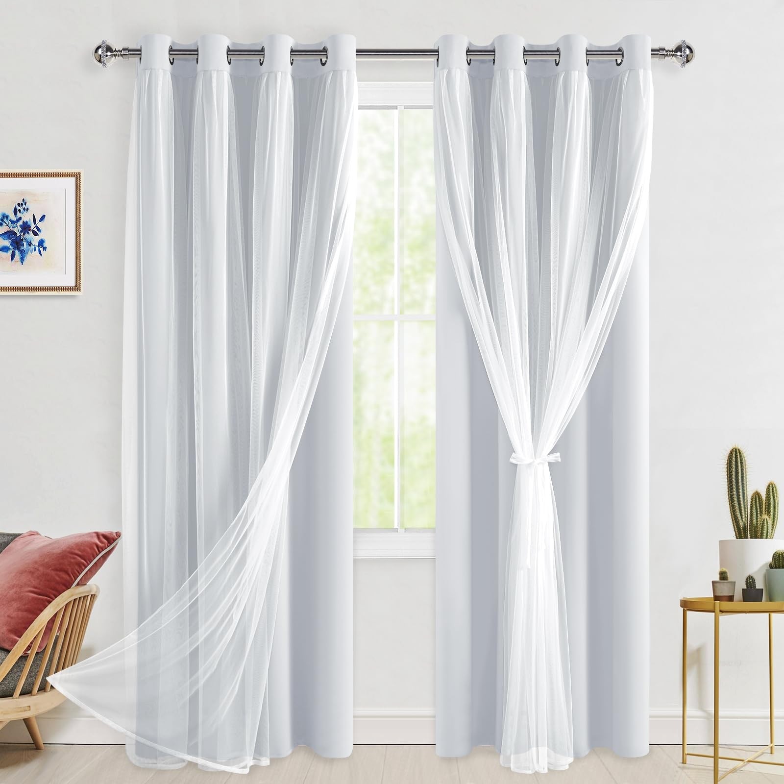 Greyish White Blackout Curtains with Sheer Overlay, Grommet Thermal Insulated…