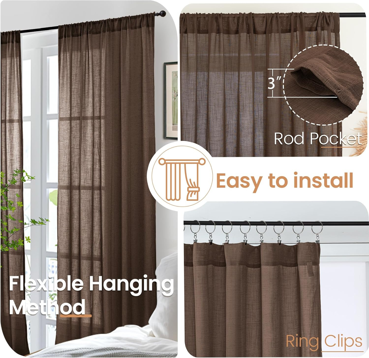 Bgment Brown Linen Curtains 84 Inch Length 2 Panels for Living Room Windows