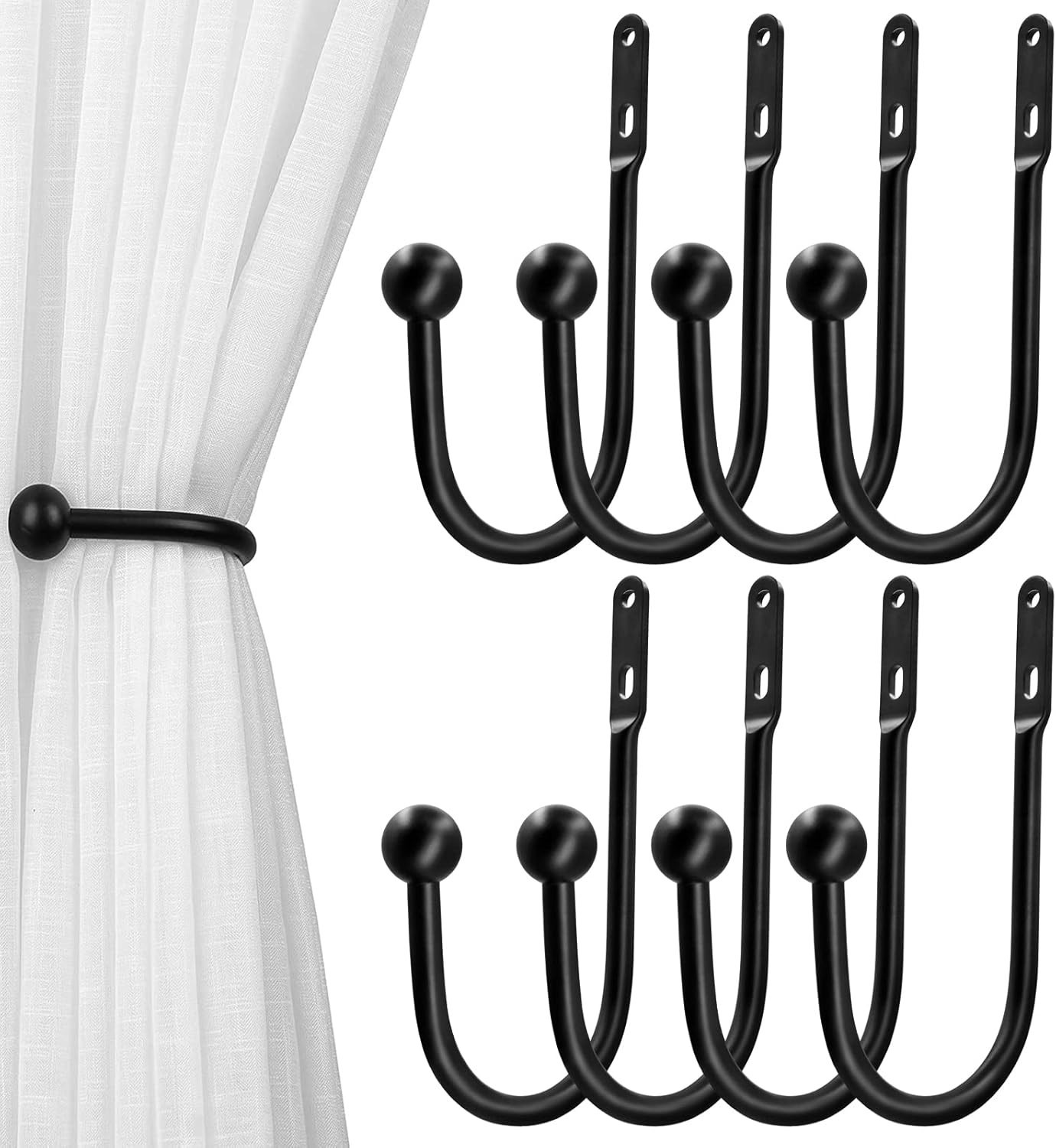 8pcs Black Wall Mount Curtain Tiebacks Aluminum Hooks, 6 inch