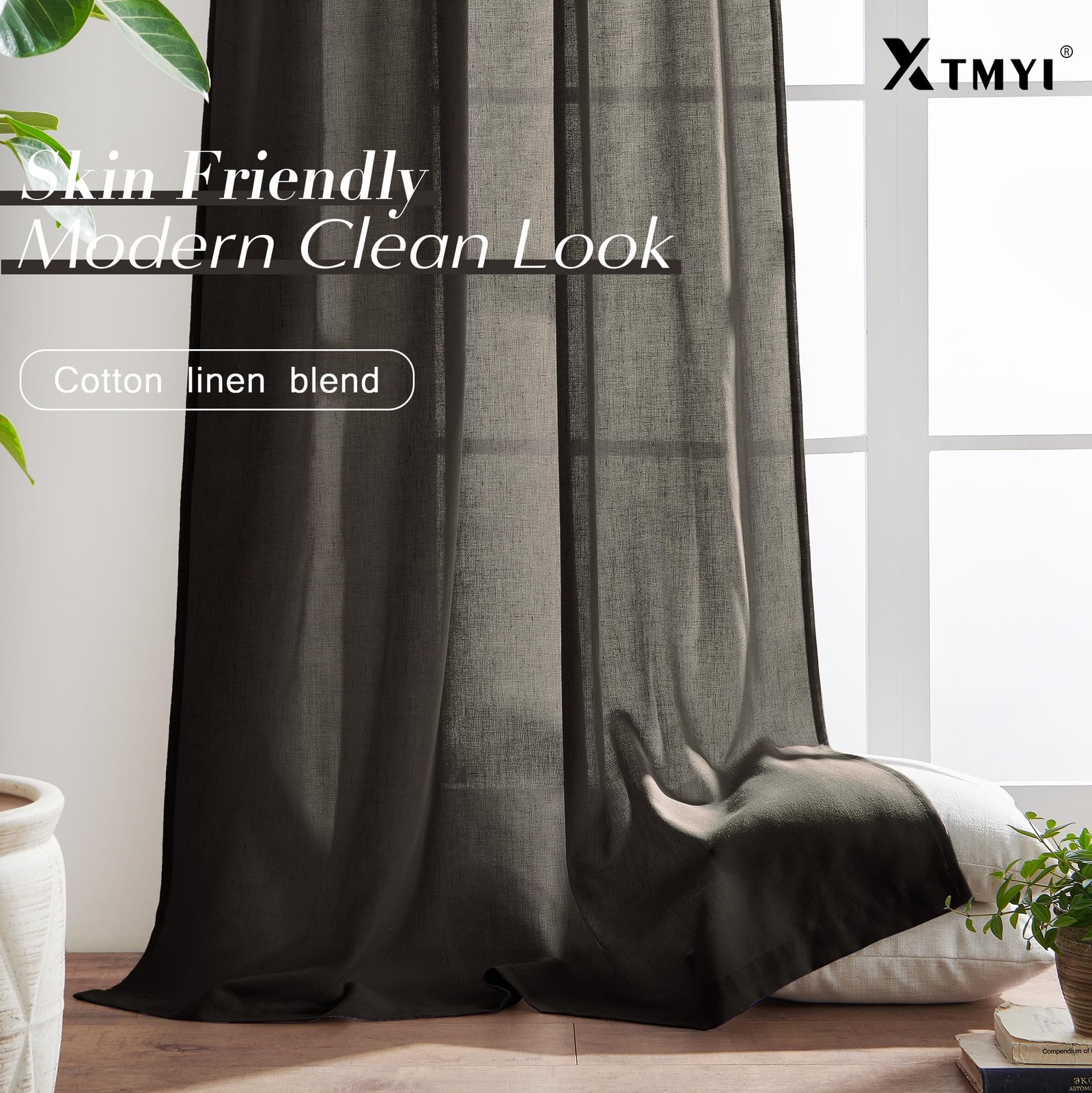 Chocolate Brown Curtains 96 Inches Long 2 Panel Set,Sheer Linen Pleated Back Tab