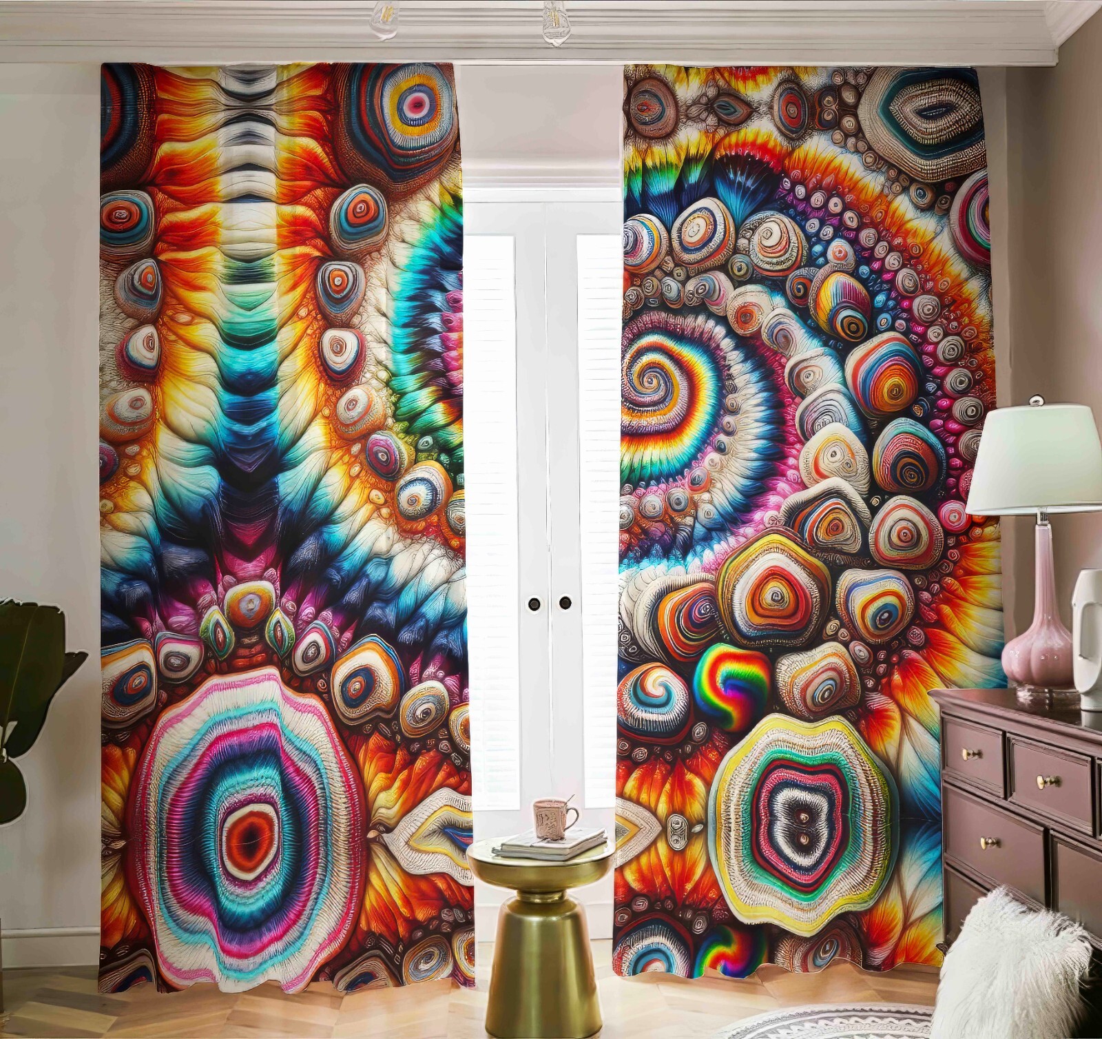 Psychedelic Tie Dye Blackout Curtains Black Out Rainbow Spiral Tied Dyed Fractal