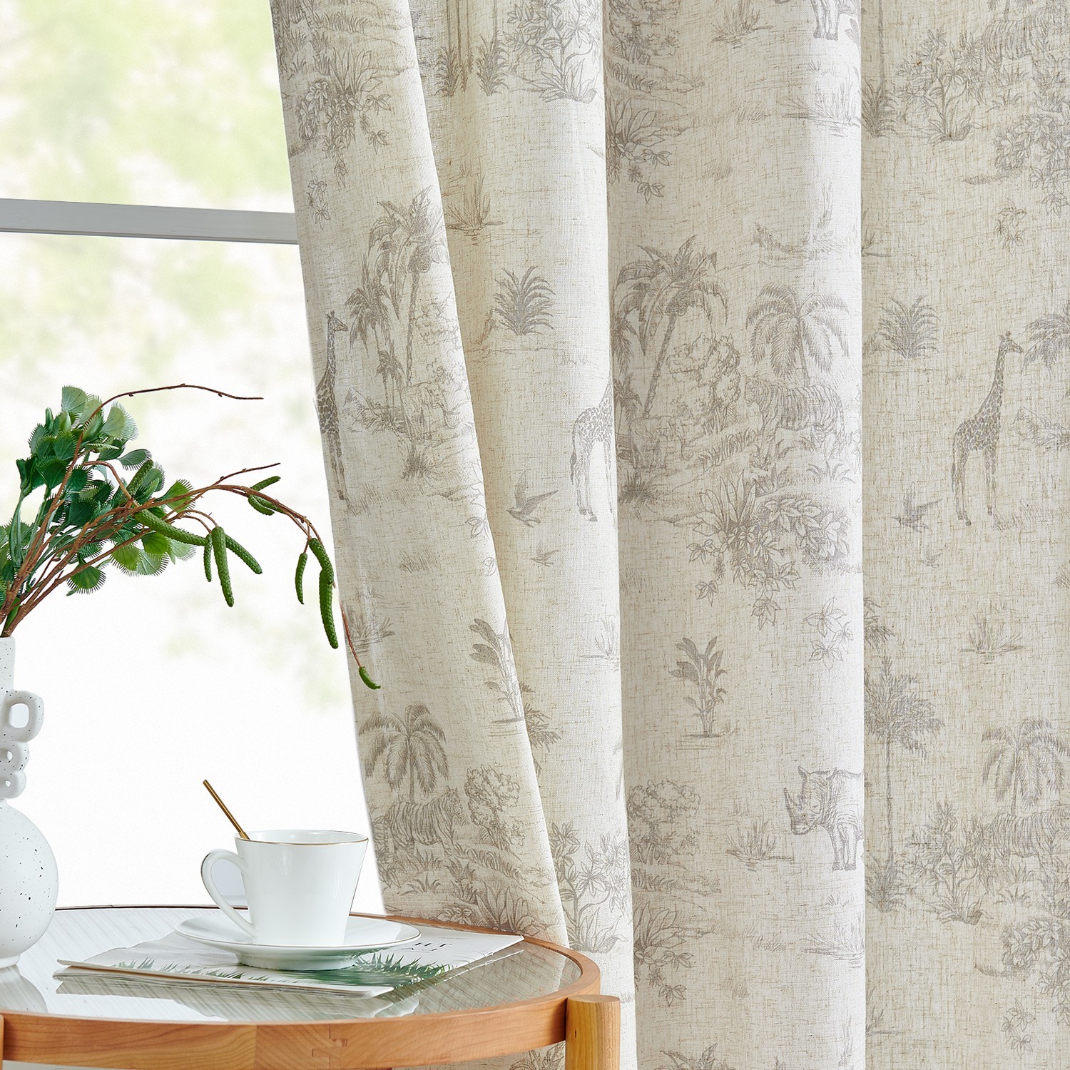 84 ” Long French Country Curtains Toile Printed Linen Sheer Drapes Grommet Grey