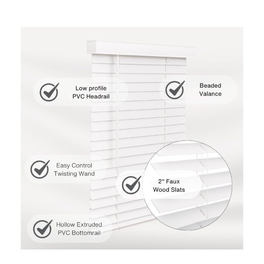 Cordless Faux Wood Blinds, 24″ Wide x 36″ Long, Smooth, Snow White,