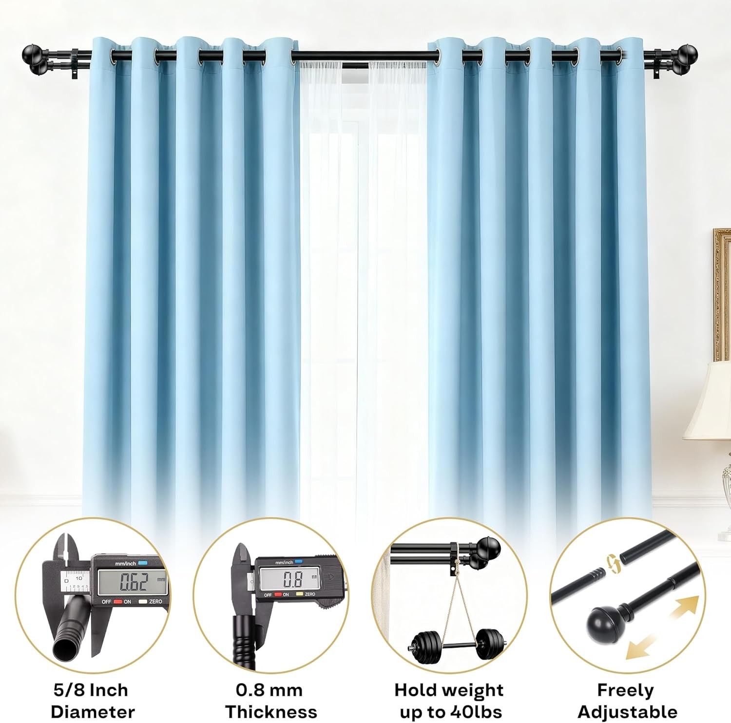 Adjustable Double ain Rods for Windows Set 30 to 57 Inch, Bla