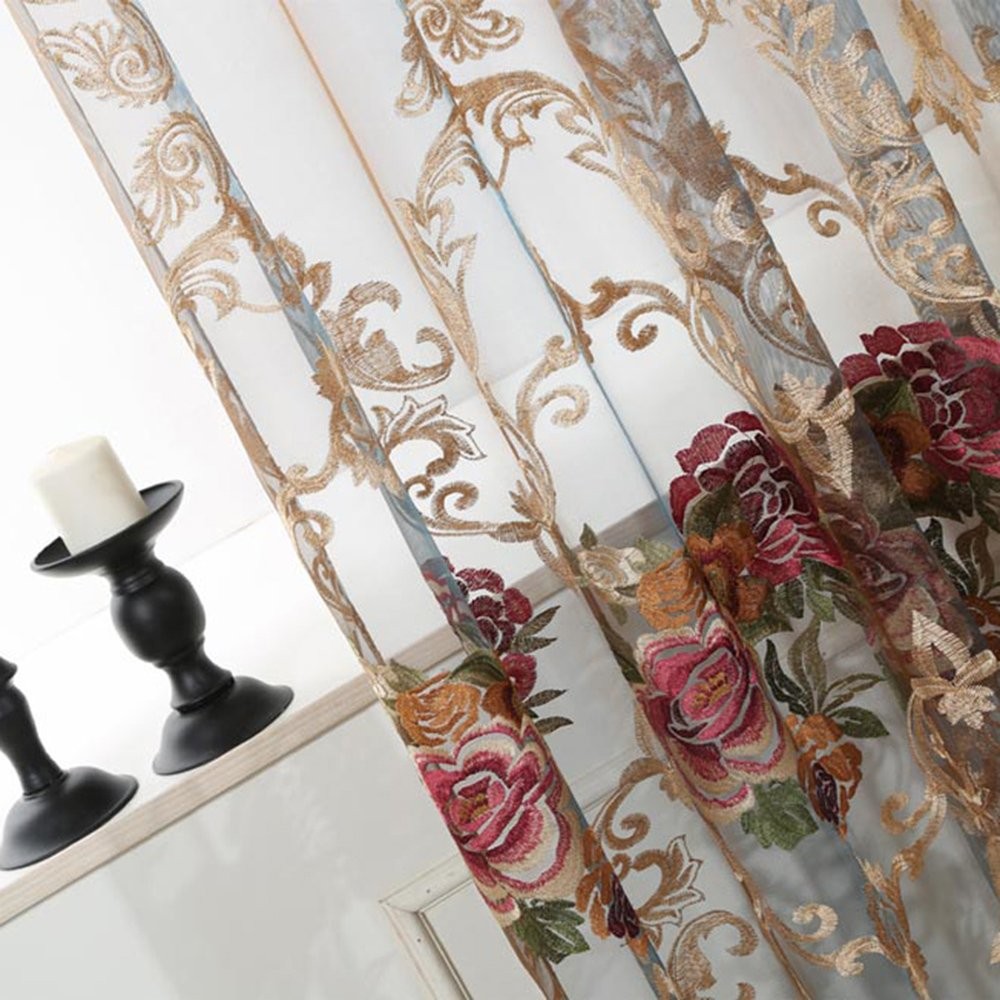 Floral Embroidered Sheer Widnow Curtain Rod Pocket 1PC W39 x L84