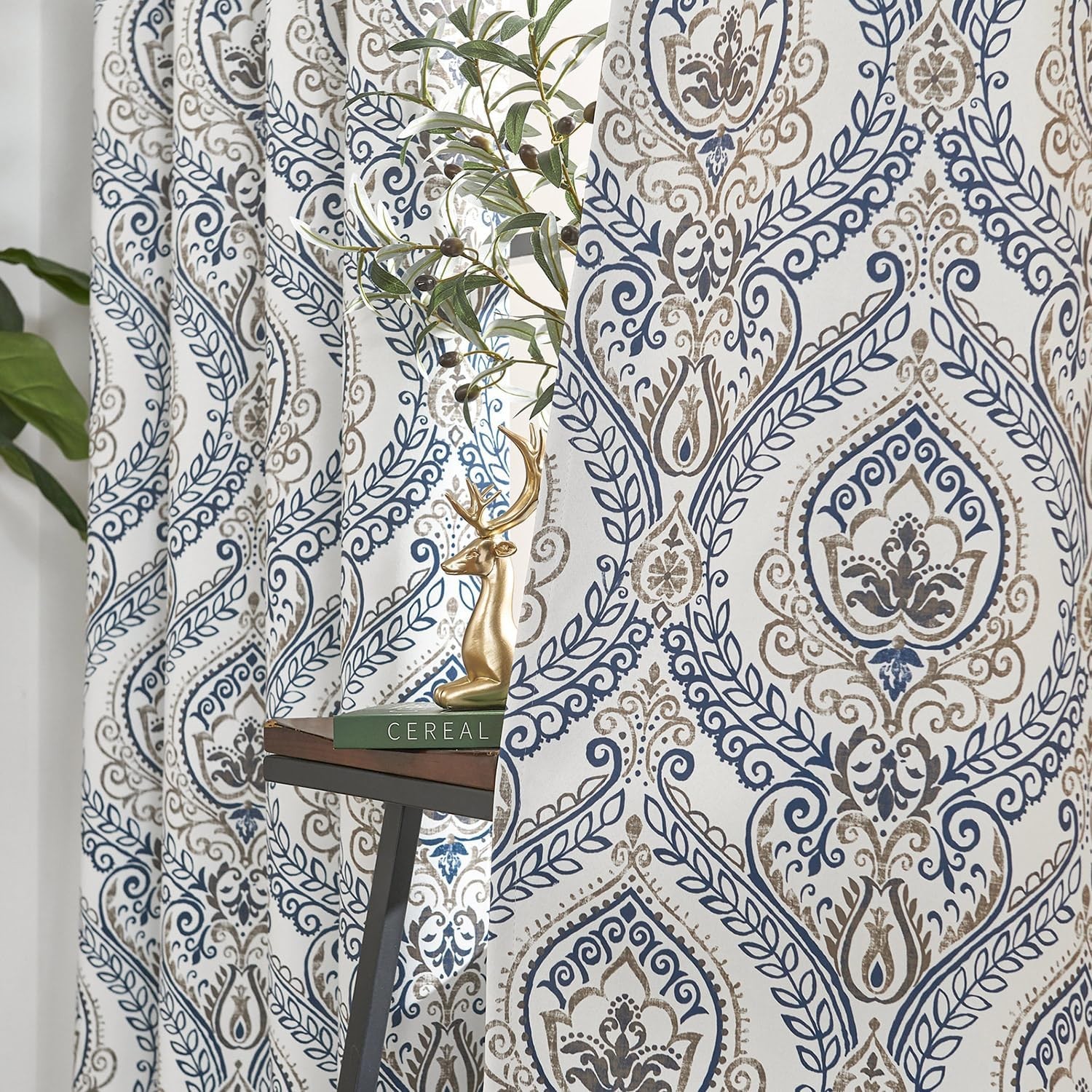 Blue Damask Blackout Curtains 96″ Grommet Thermal Insulated Drapes Set of 2