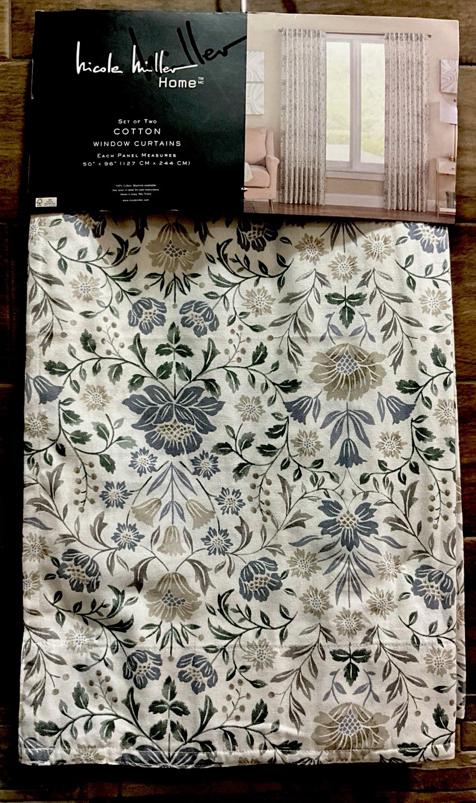 Nicole Miller Floral Damask Cotton Window Panels Drapes Blue Curtains – 50 x 96”