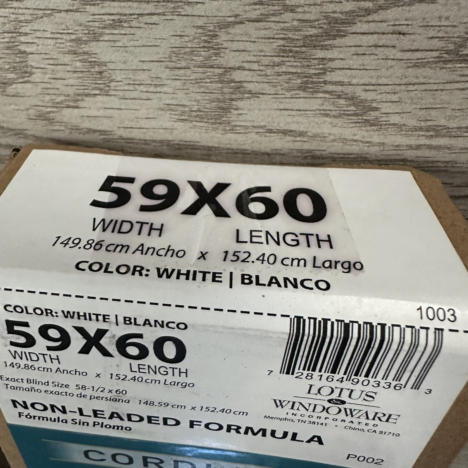 Lotus & Windoware 1″ Vinyl Plus blind white cordless 59″X60″ Non-Leaded Formula.